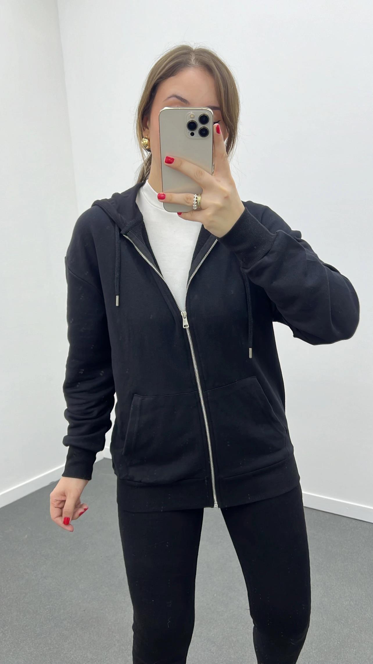 HM Siyah Kapüşonlu Fermuarlı Sweatshirt Hırka