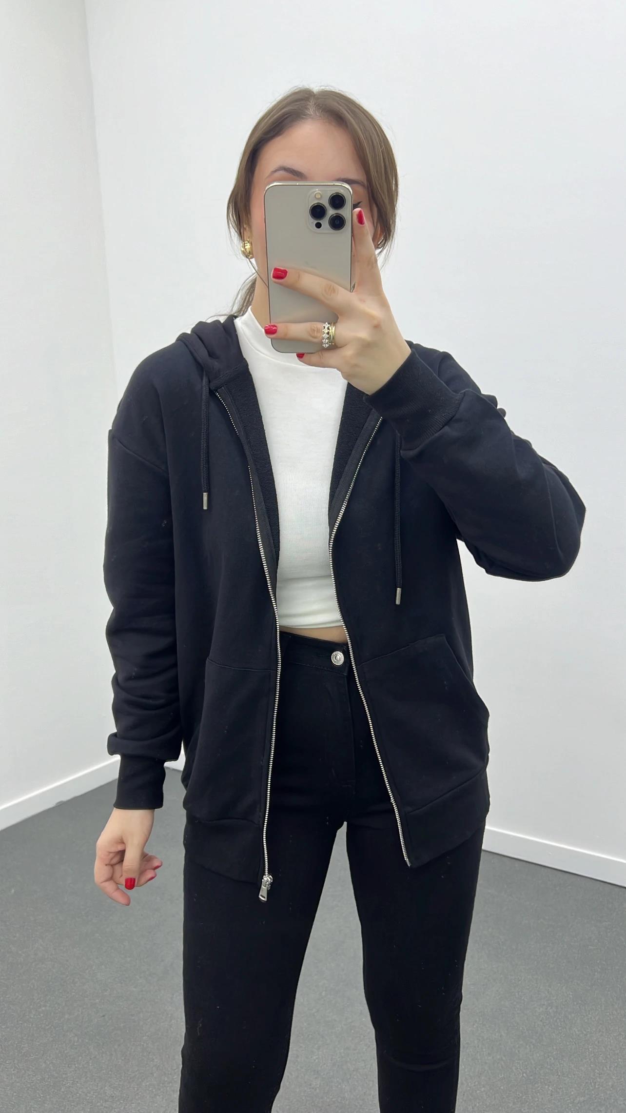 HM Siyah Kapüşonlu Fermuarlı Sweatshirt Hırka