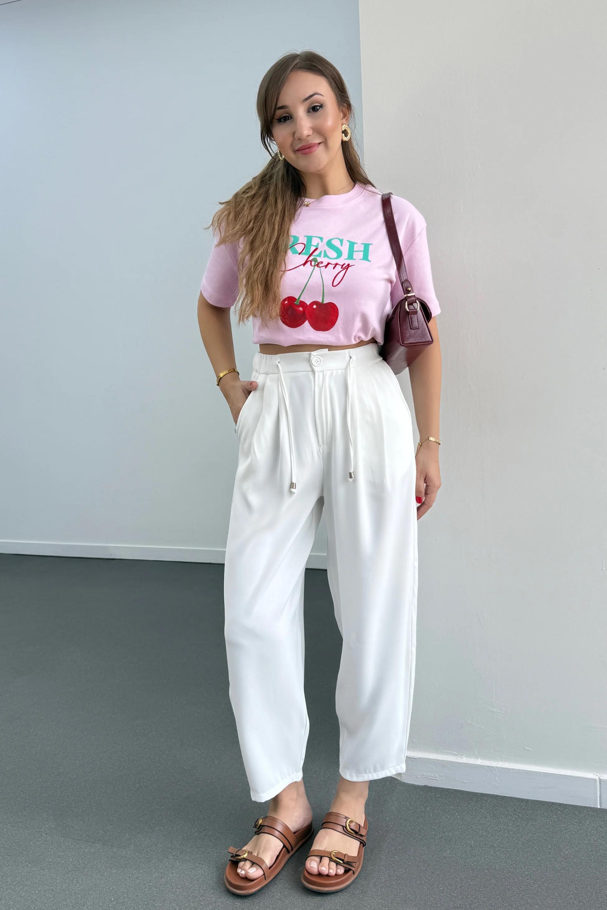 Hole Beyaz Beli Lastikli Şalvar Pantolon