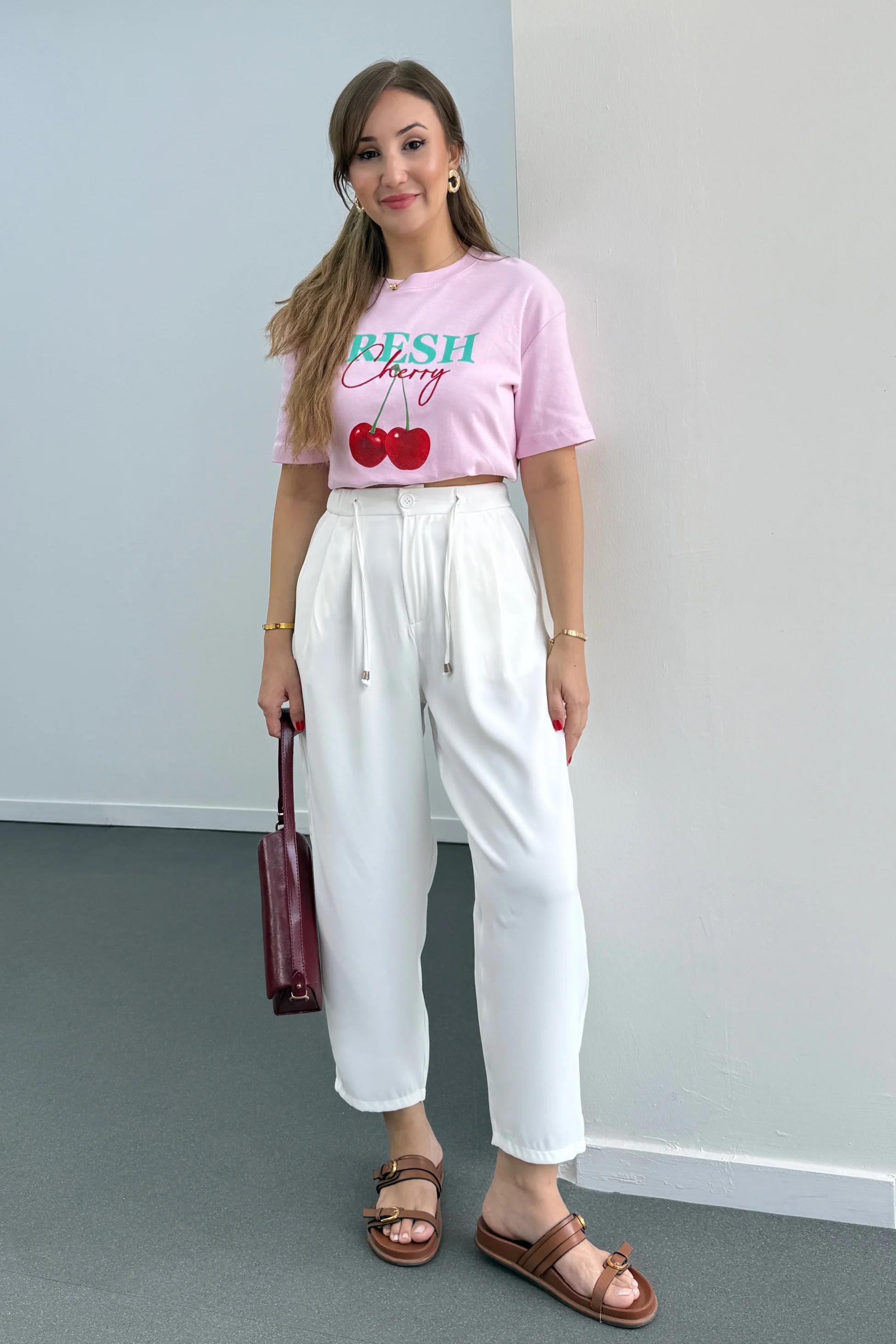 Hole Beyaz Beli Lastikli Şalvar Pantolon