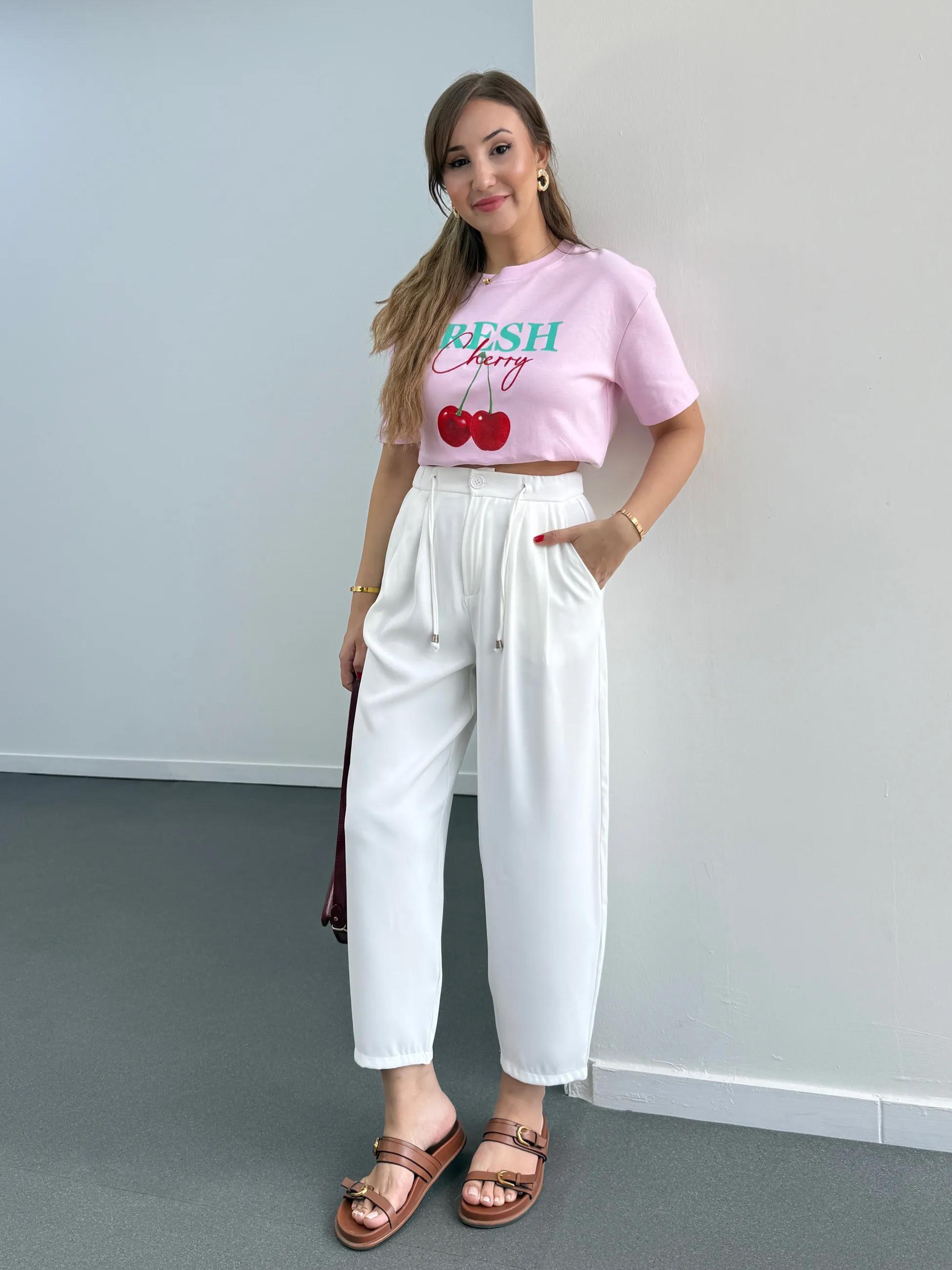 Hole Beyaz Beli Lastikli Şalvar Pantolon