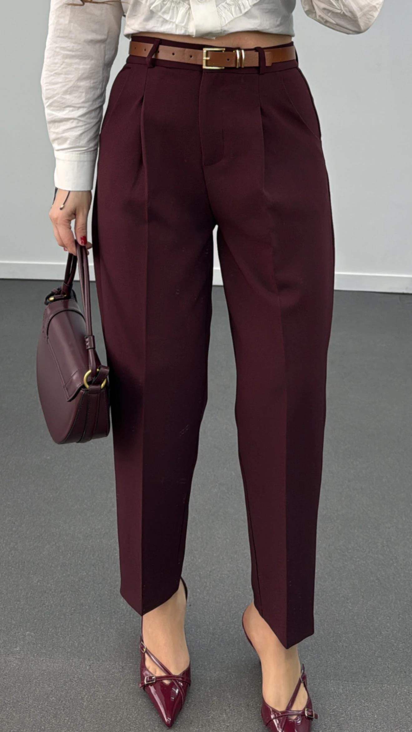 Irıne Bordo Renk Pensli Havuç Kumaş Pantolon