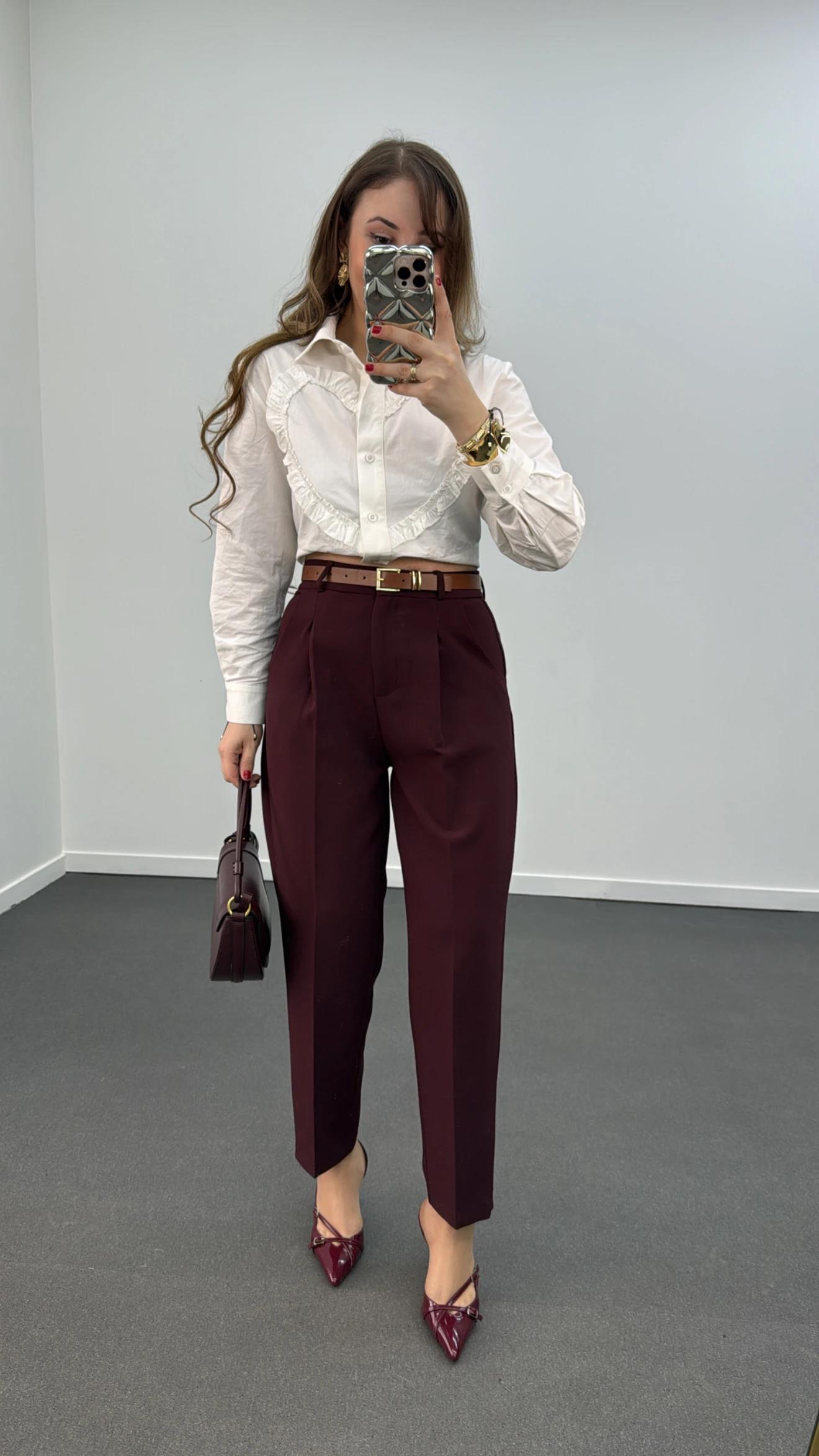 Irıne Bordo Renk Pensli Havuç Kumaş Pantolon