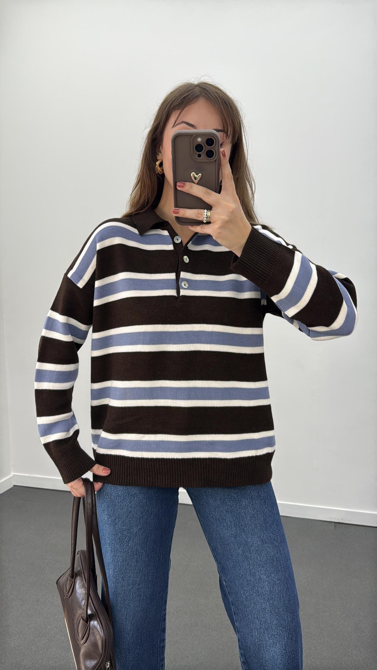 Iris Acı Kahve Mavi Çizgili Polo Yaka Triko