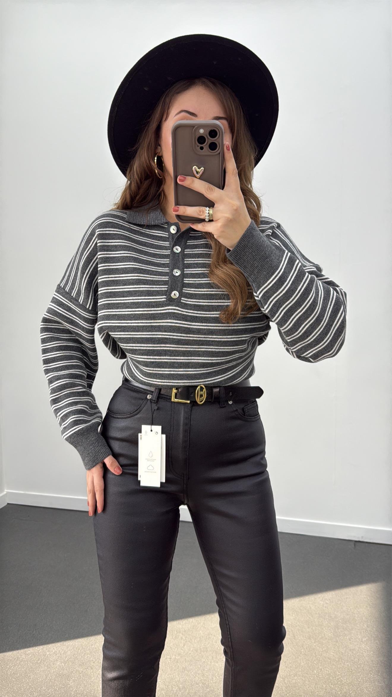 Iris Gri Beyaz Çizgili Polo Yaka Triko standart