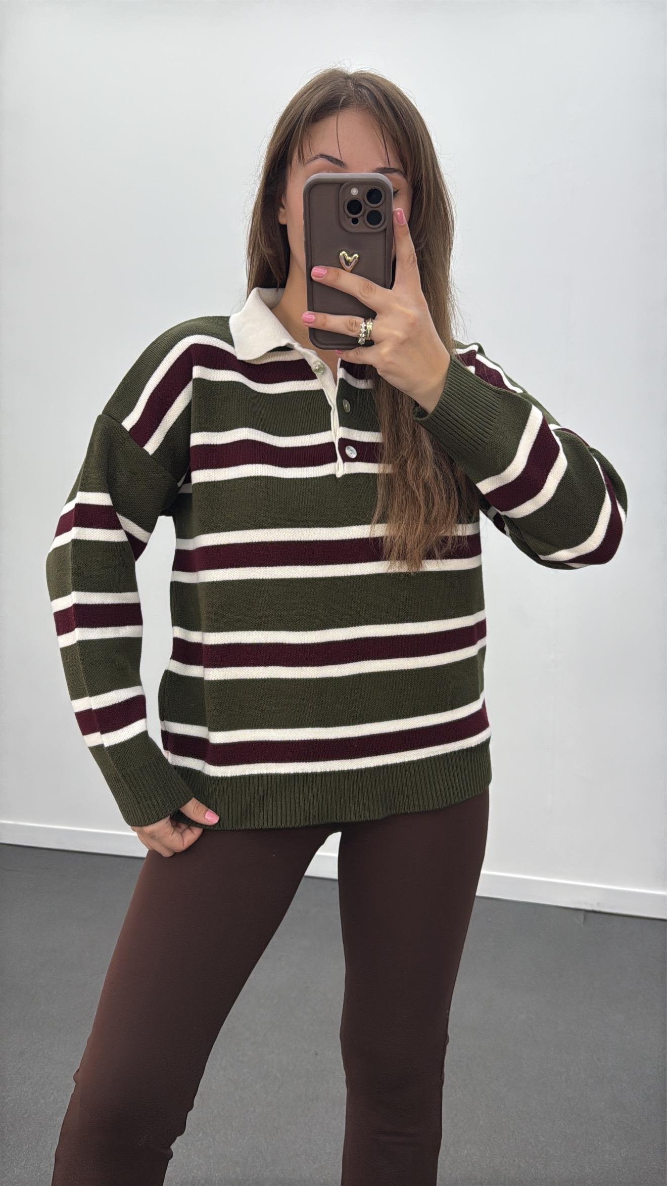 Iris Yeşil Bordo Çizgili Polo Yaka Triko