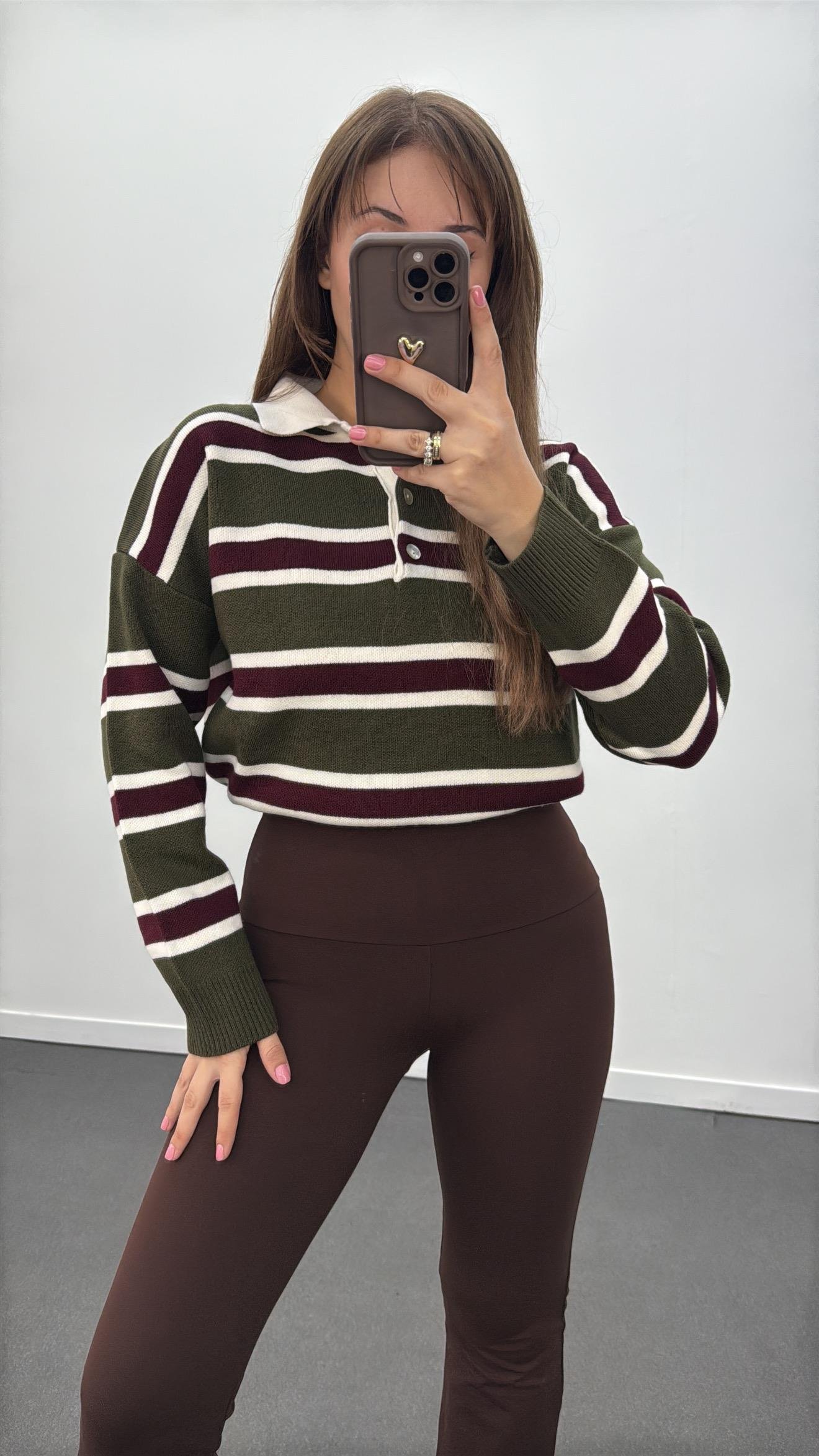 Iris Yeşil Bordo Çizgili Polo Yaka Triko