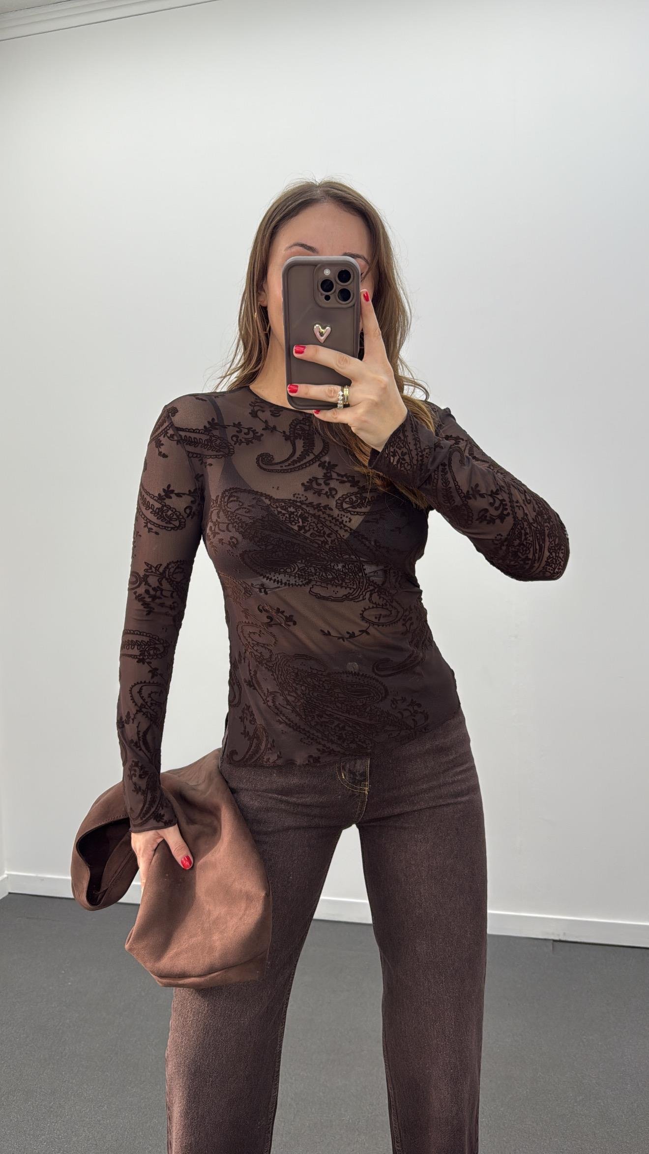 Jabari Acı Kahve Kadife Baskı Desenli Body