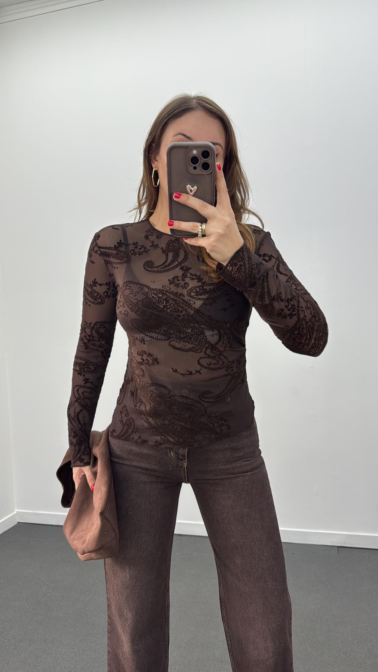 Jabari Acı Kahve Kadife Baskı Desenli Body