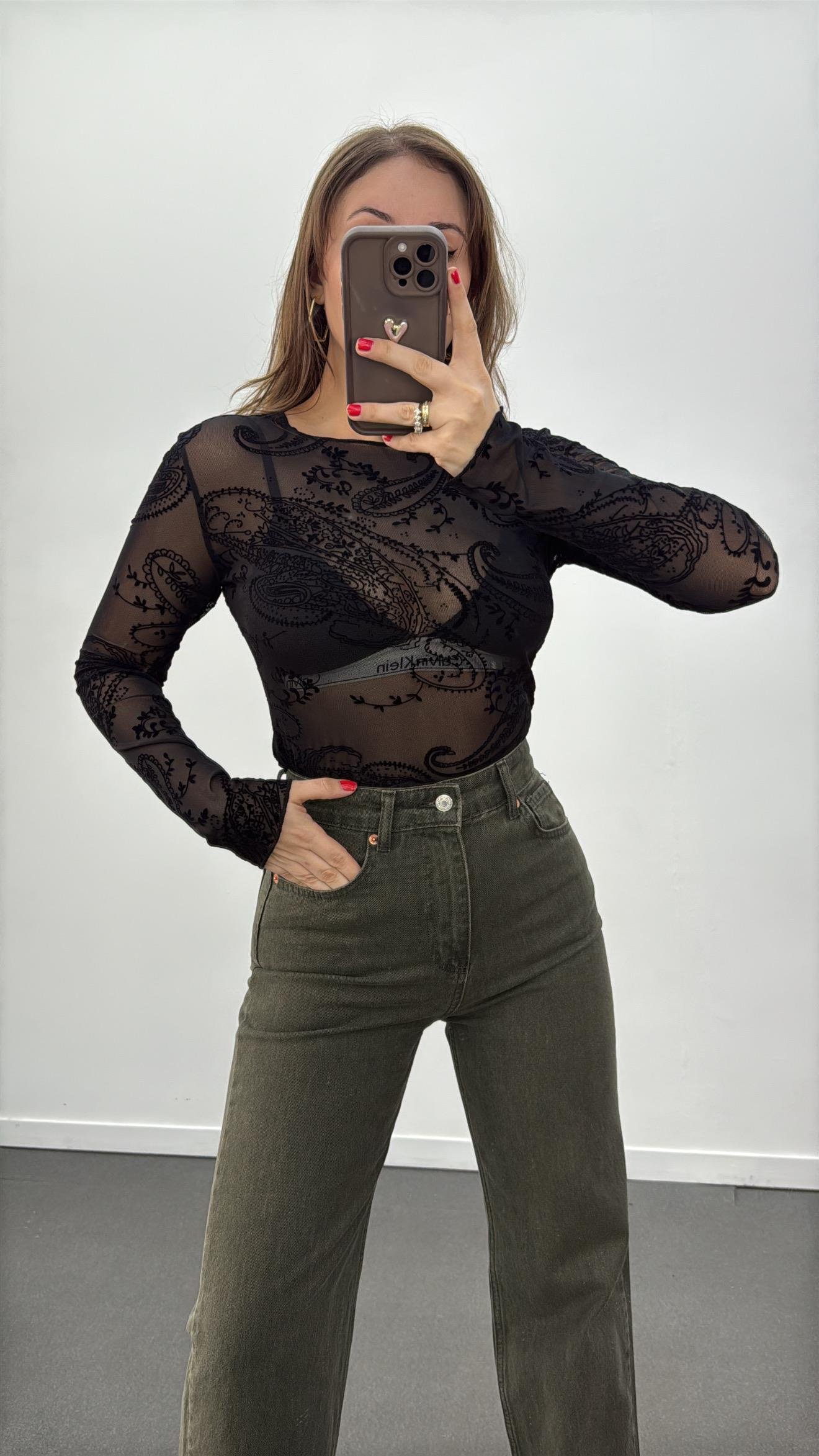 Jabari Siyah Kadife Baskı Desenli Body