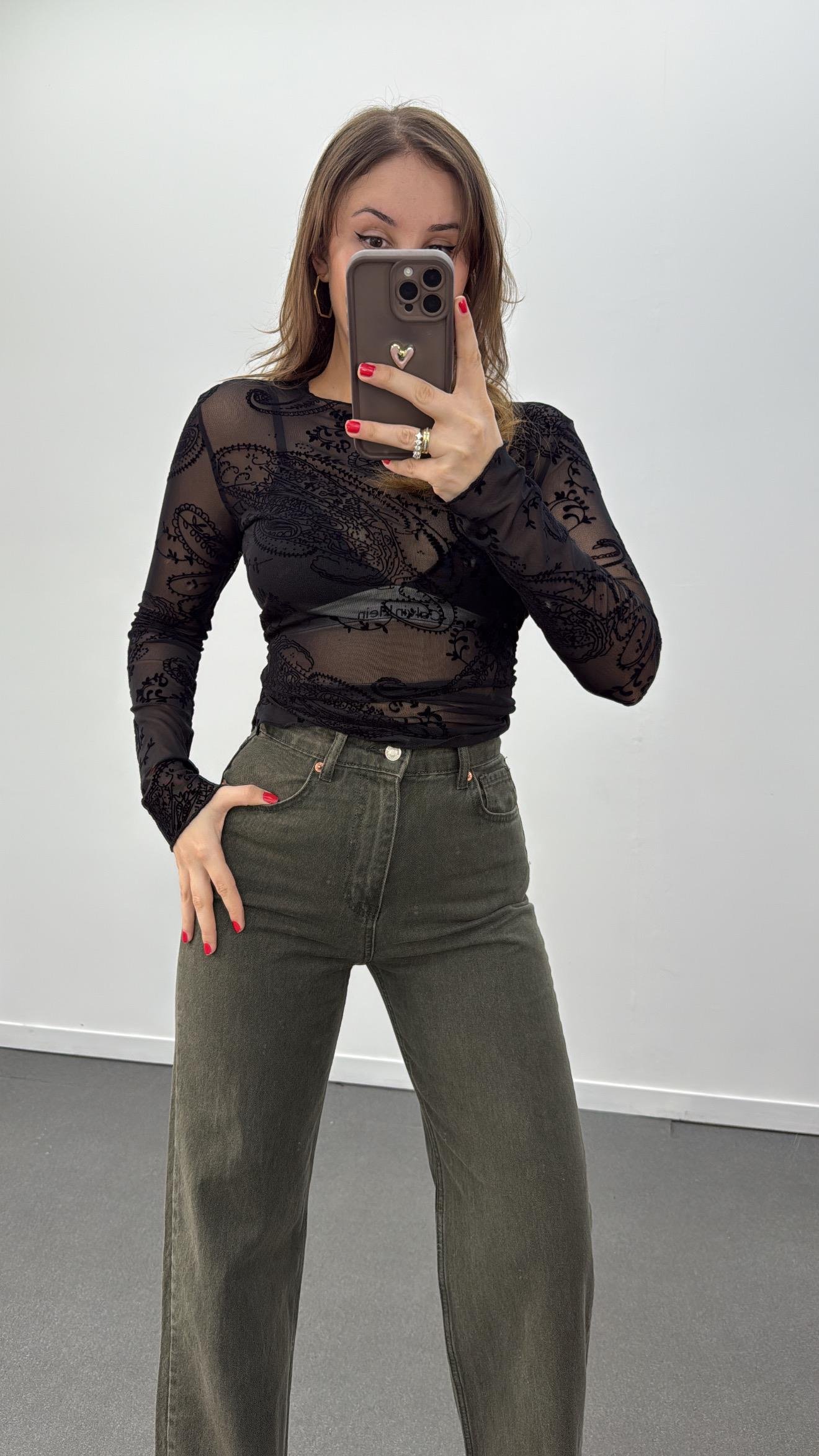 Jabari Siyah Kadife Baskı Desenli Body