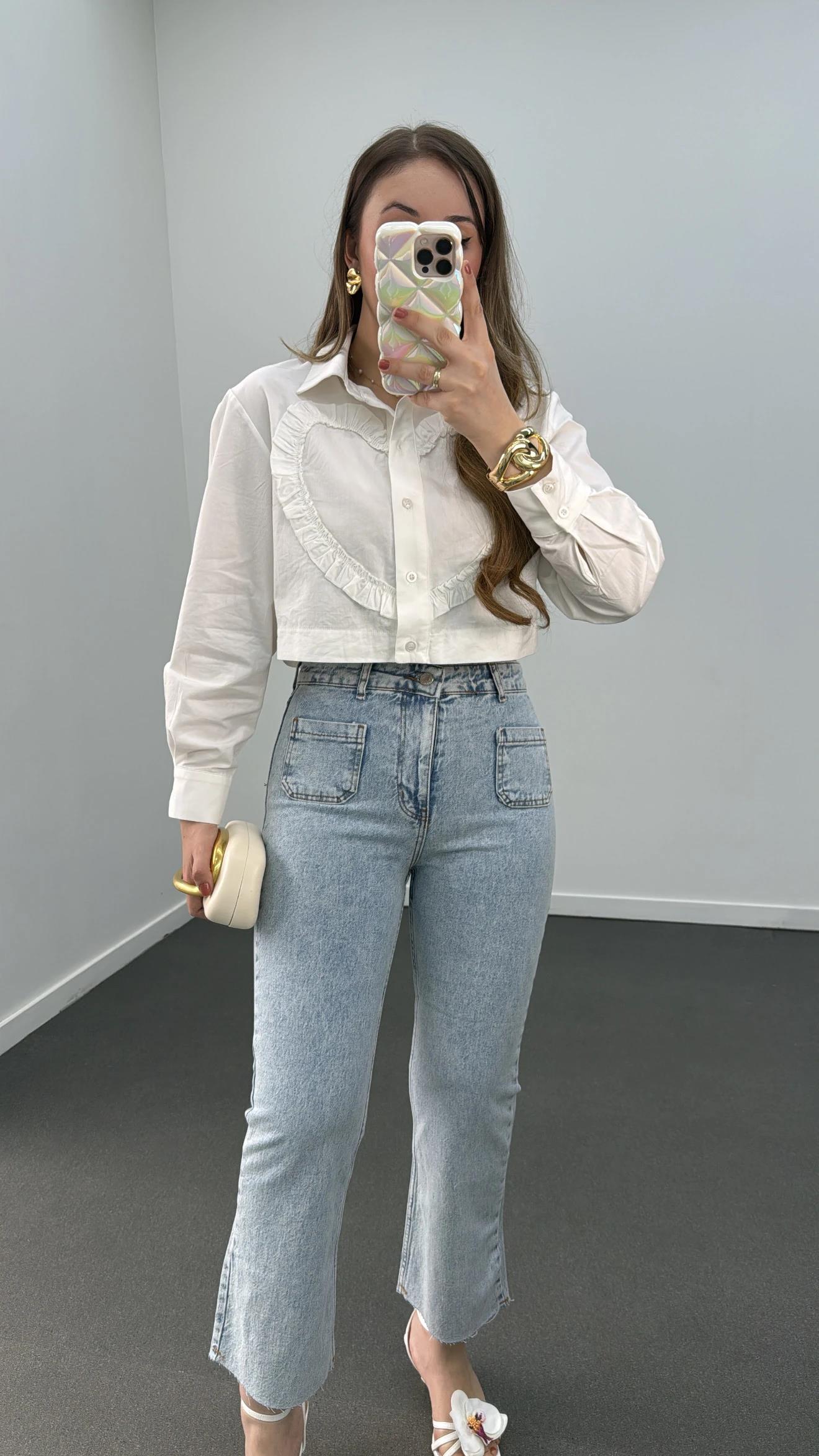 Jale Kar yıkama Küçük Cepli Crop Flare Jeans