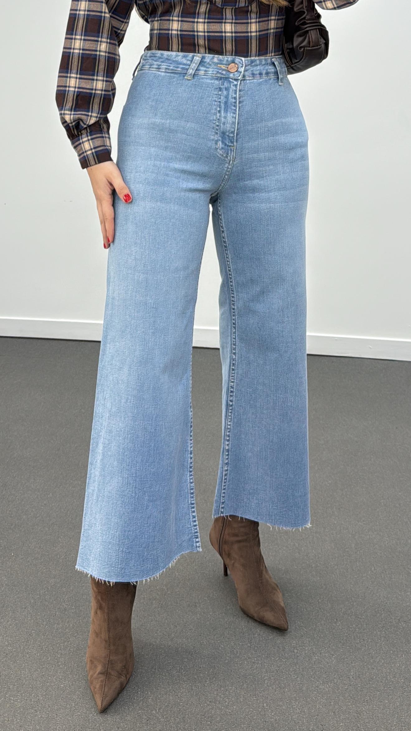 Jeju Açık Yıkamalı Likralı Wide Leg Crop Jeans