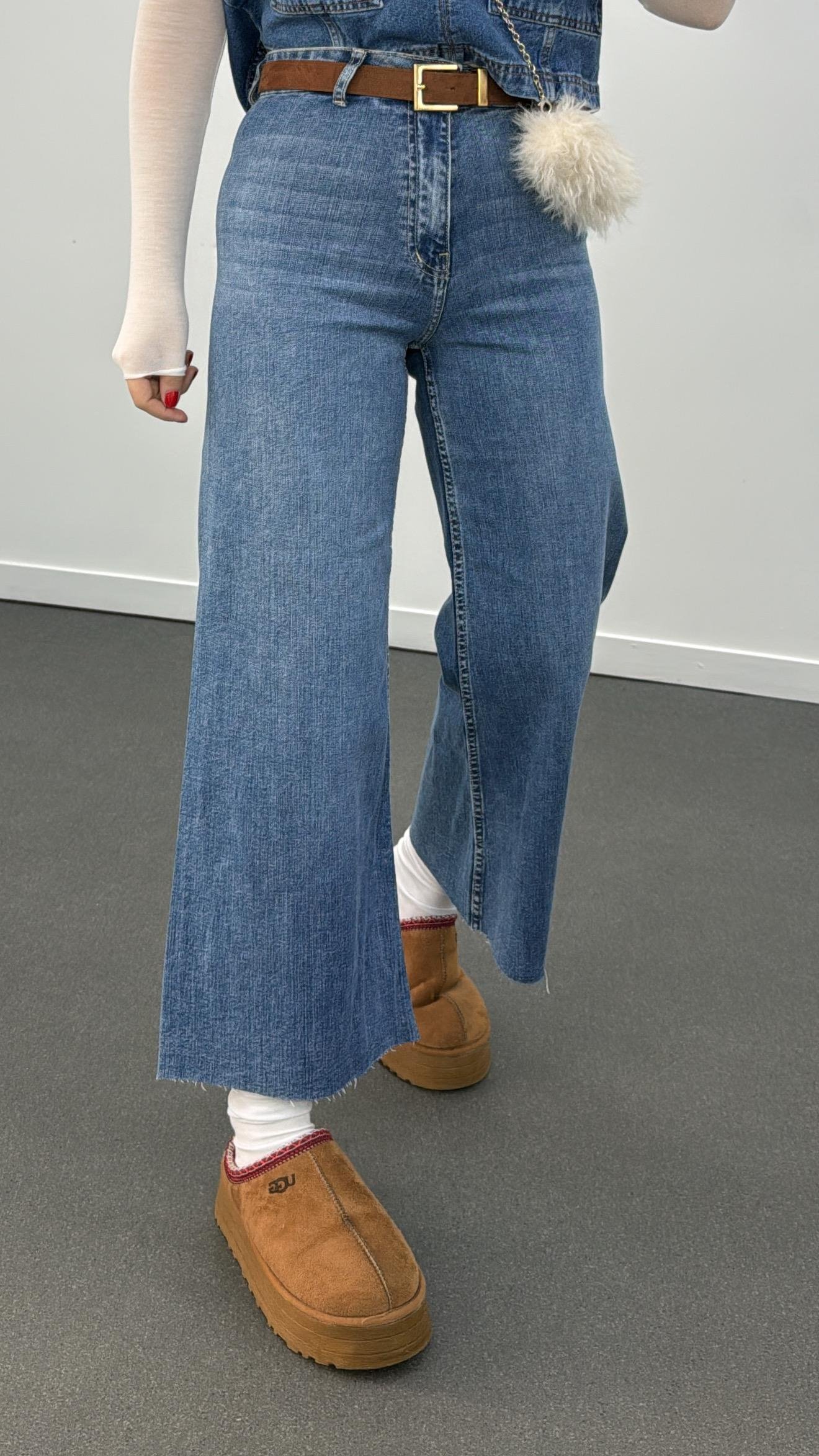 Jeju Kot Yıkamalı Likralı Wide Leg Crop Jeans