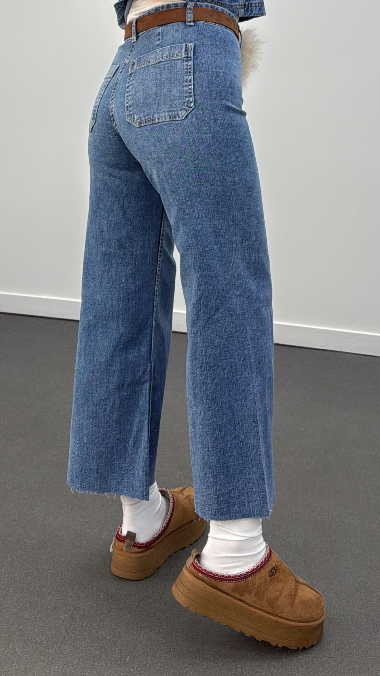 Jeju Kot Yıkamalı Likralı Wide Leg Crop Jeans