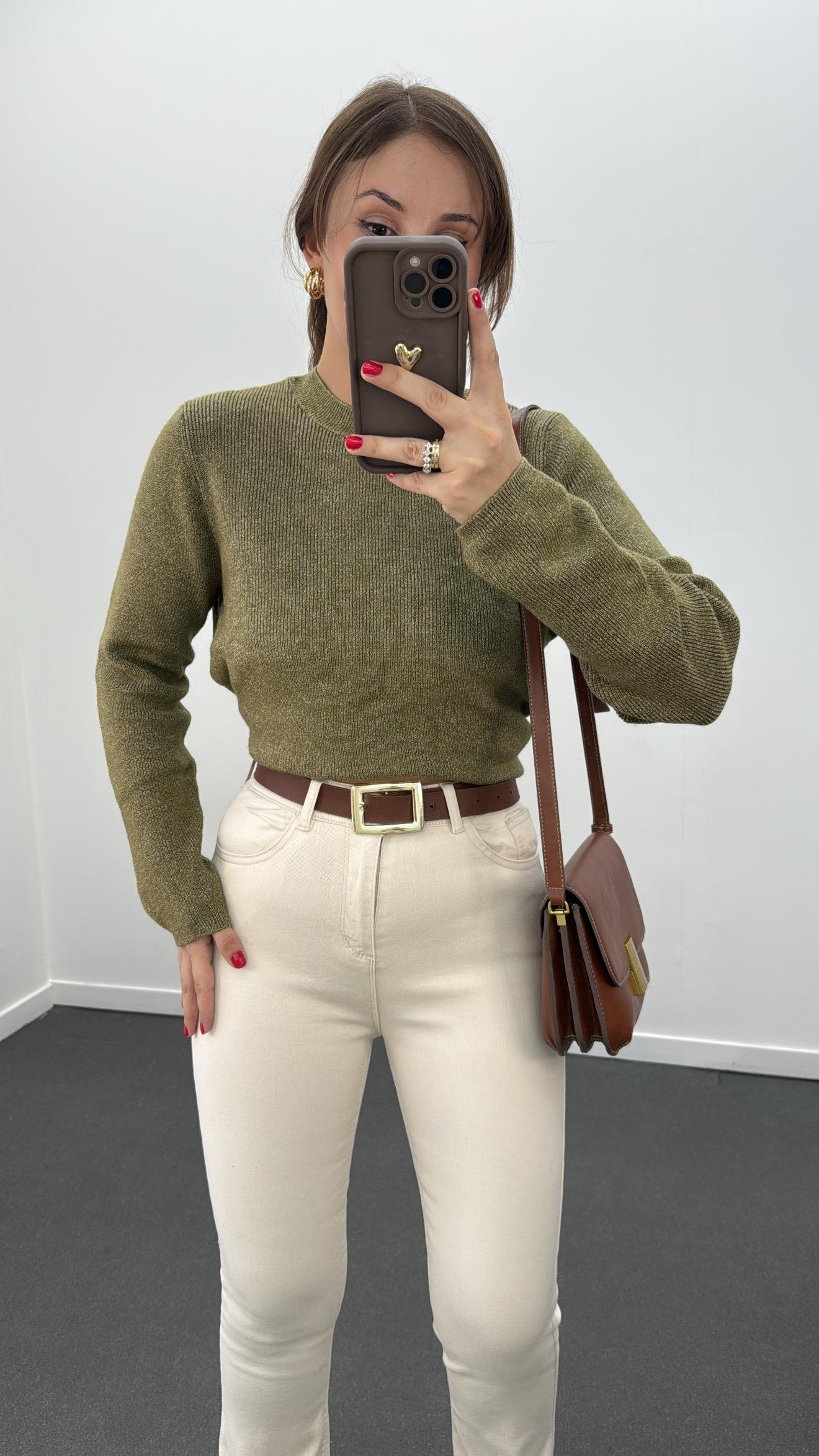 Jenna Haki Bisiklet Yaka İnce Triko Kazak