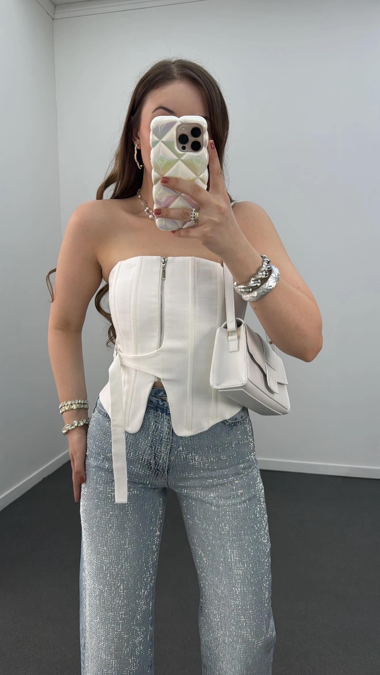 Jennie Beyaz Fermuarlı Balenli Korse Crop