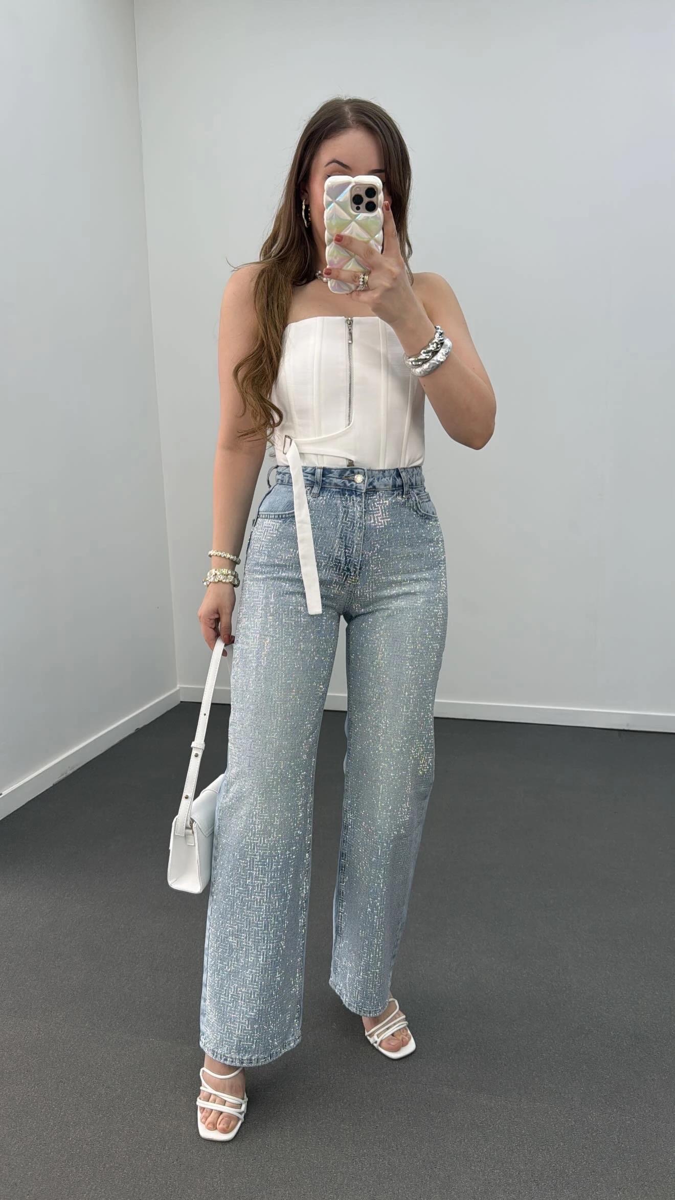 Jennie Beyaz Fermuarlı Balenli Korse Crop