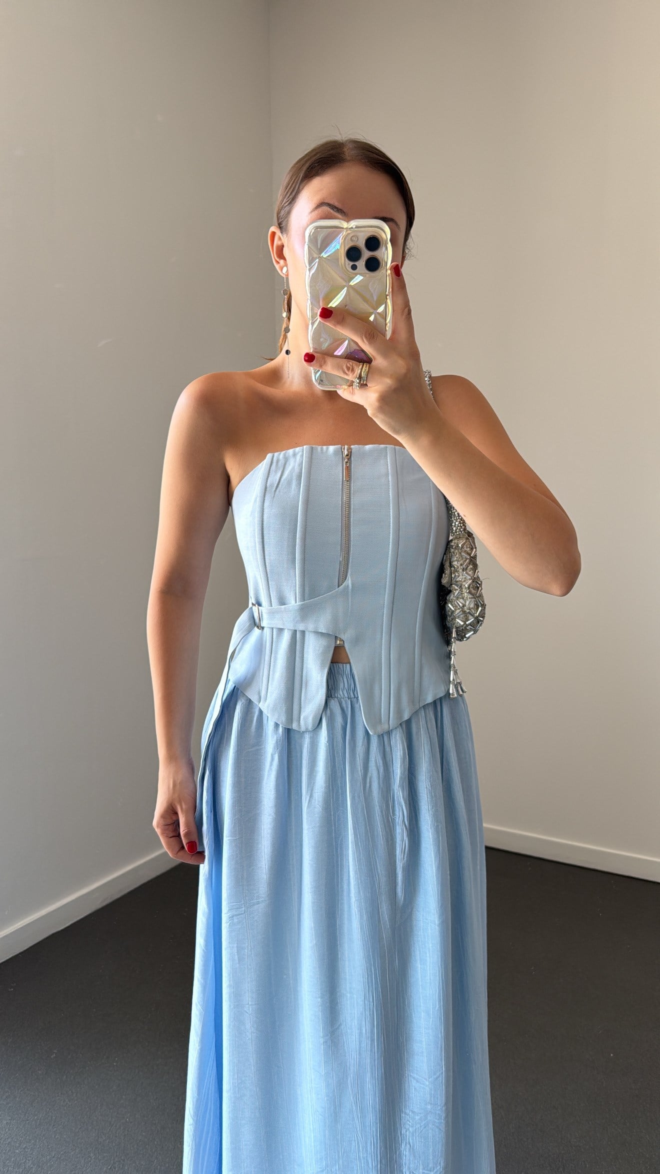 Jennie Mavi Fermuarlı Balenli Korse Crop