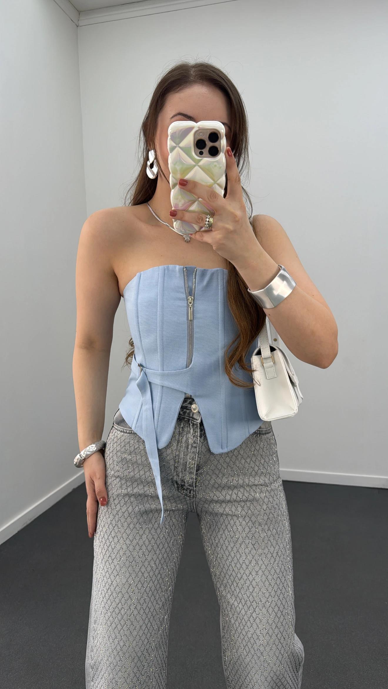 Jennie Mavi Fermuarlı Balenli Korse Crop