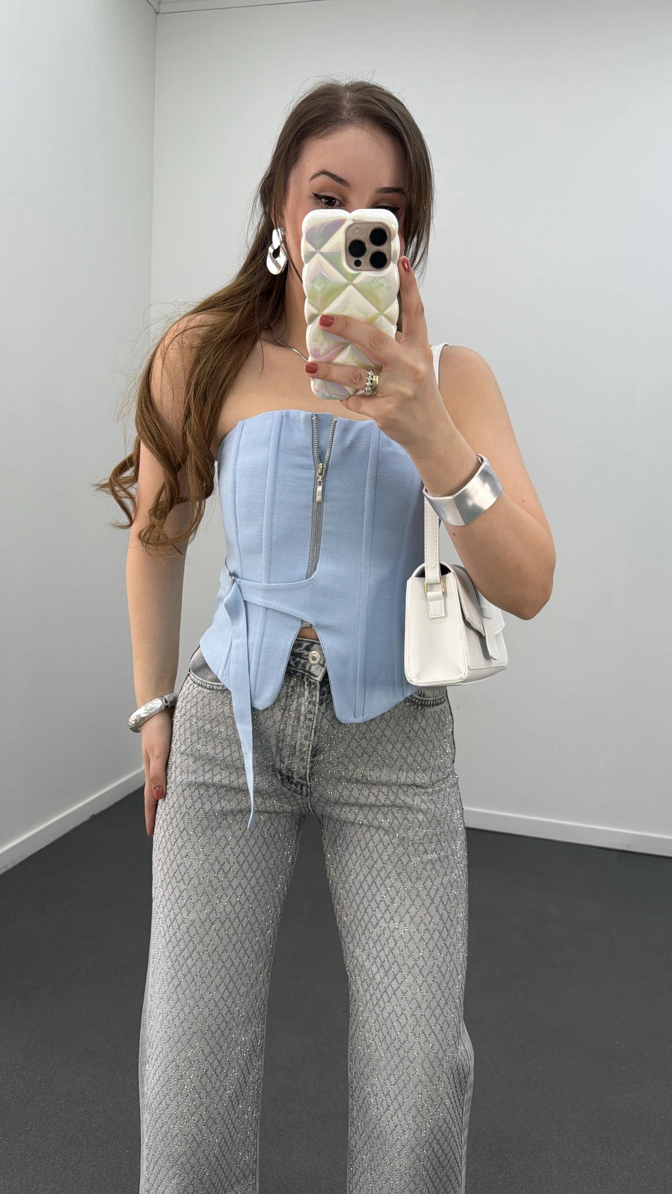 Jennie Mavi Fermuarlı Balenli Korse Crop