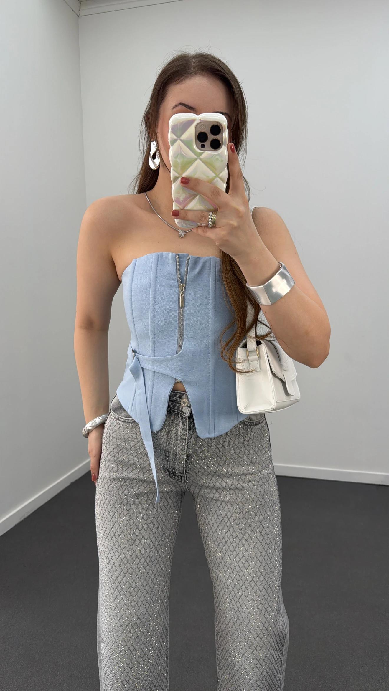 Jennie Mavi Fermuarlı Balenli Korse Crop