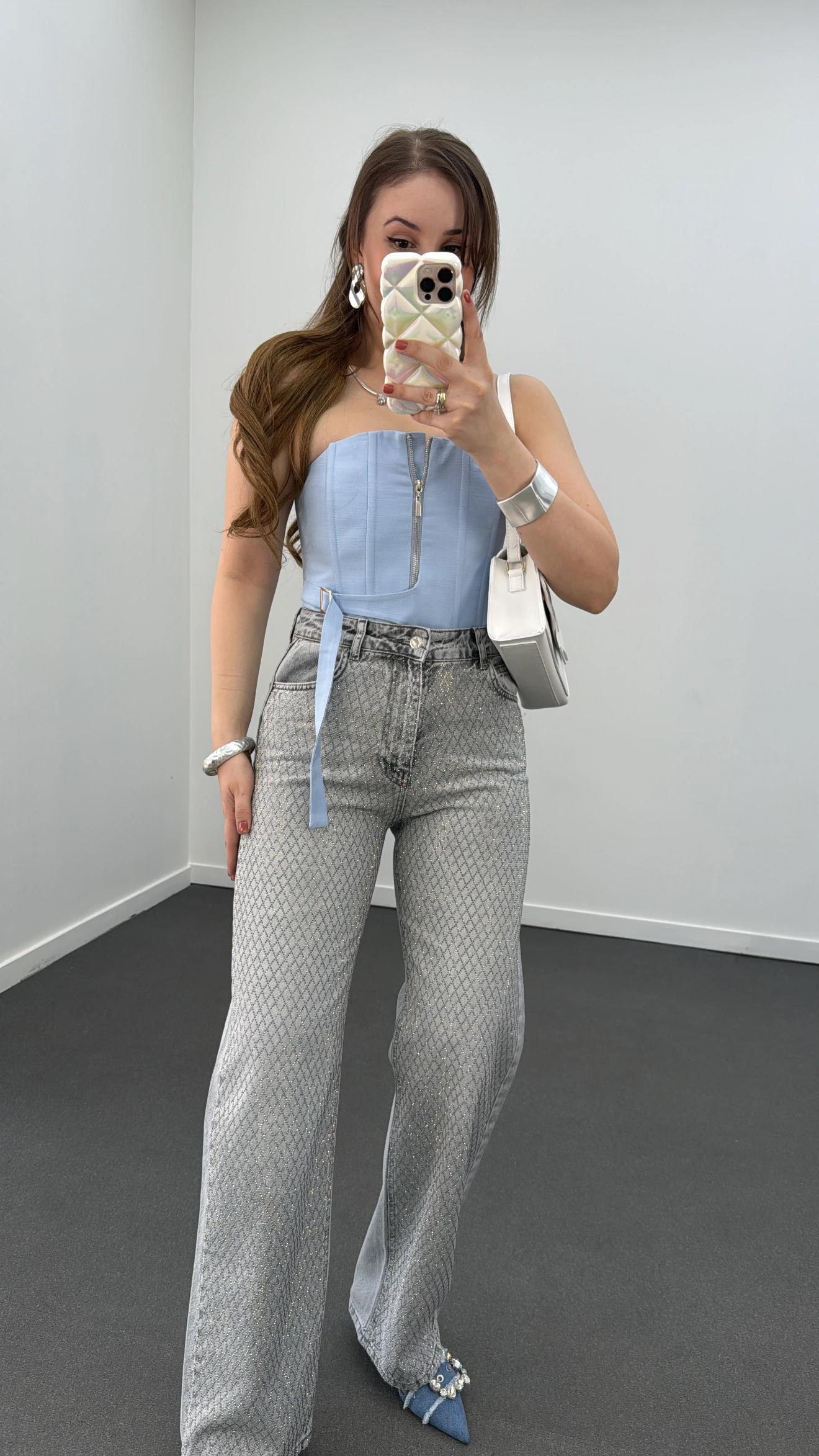 Jennie Mavi Fermuarlı Balenli Korse Crop