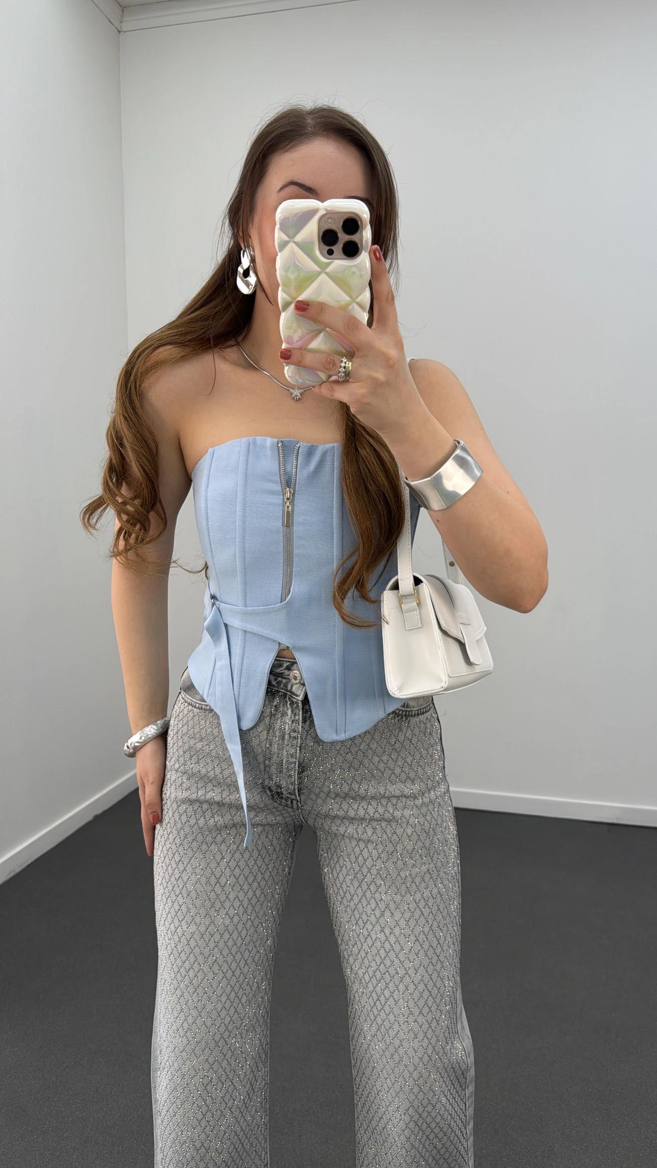 Jennie Mavi Fermuarlı Balenli Korse Crop