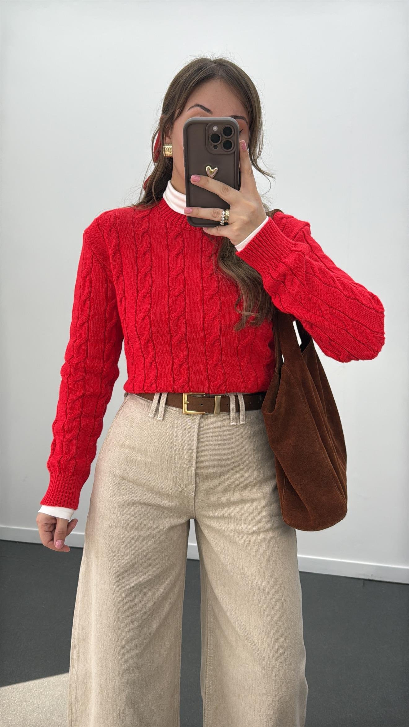 Jeves Kırmızı Saç Örgü Premium Kazak