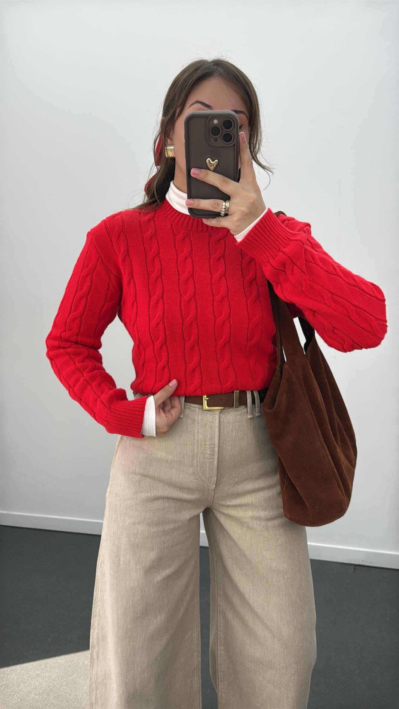 Jeves Kırmızı Saç Örgü Premium Kazak