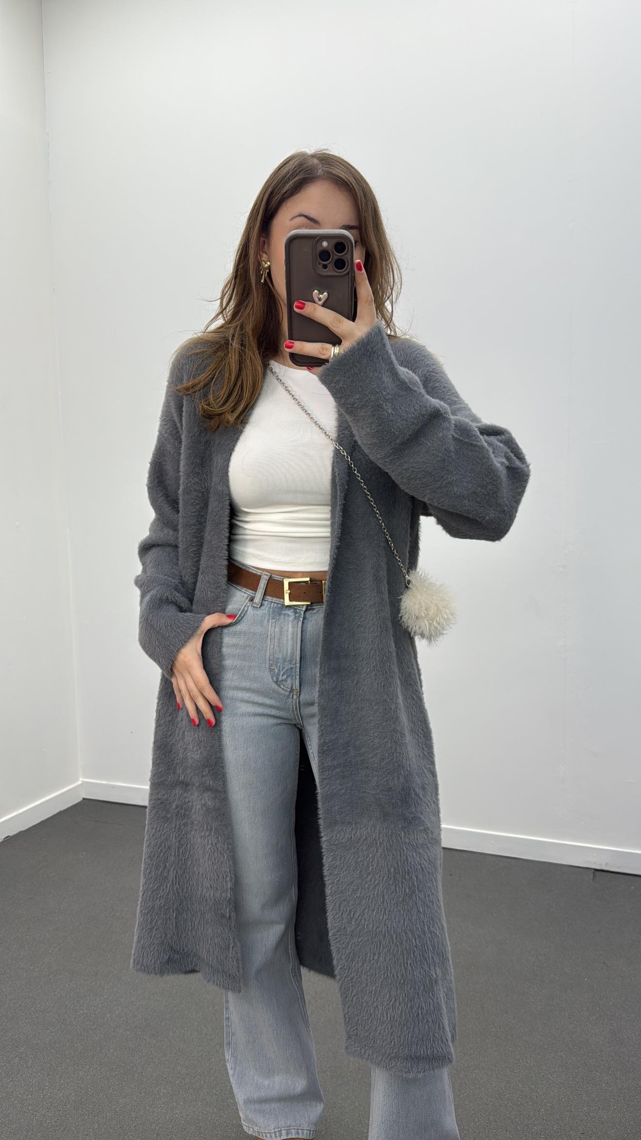 Jiliana Gri Uzun Midi Yumuşak Triko Hırka