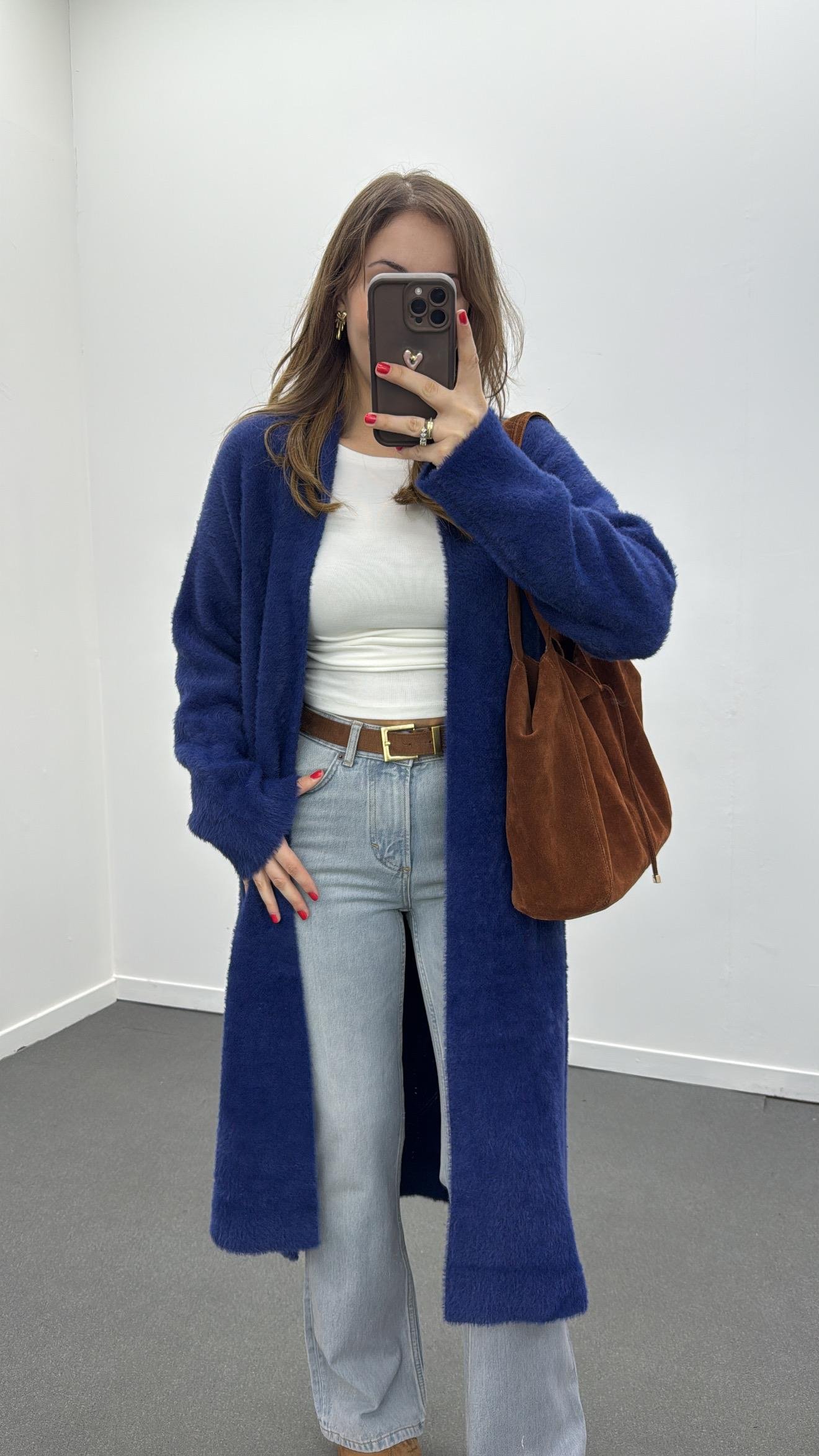 Jiliana Koyu Mavi Uzun Midi Yumuşak Triko Hırka