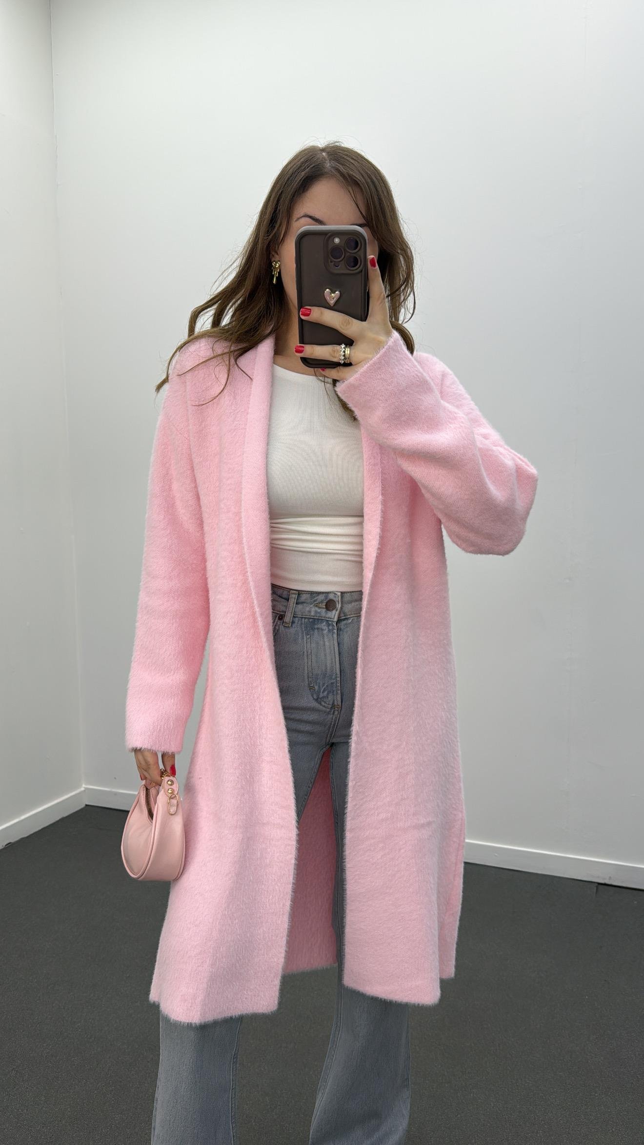 Jiliana Pembe Uzun Midi Yumuşak Triko Hırka