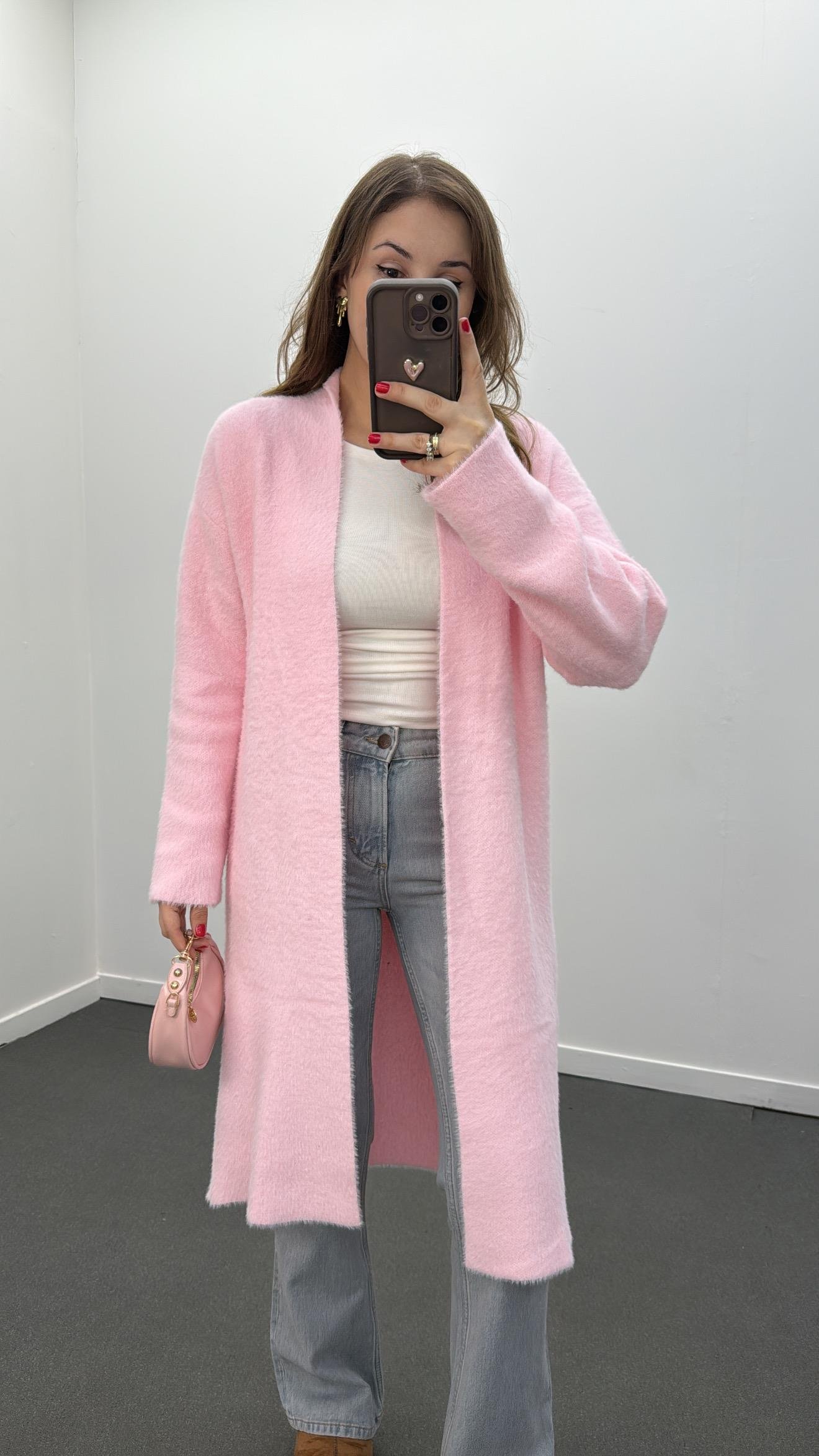 Jiliana Pembe Uzun Midi Yumuşak Triko Hırka