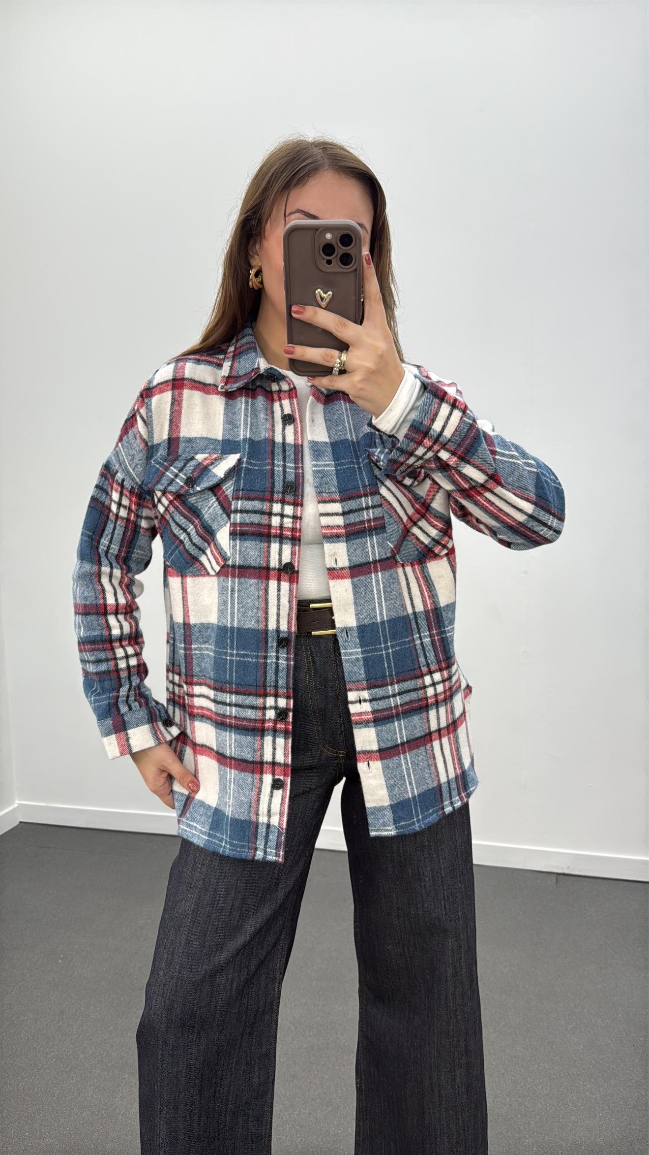 Jisoo Açık Mavi Bordo Çizgili Oduncu Gömlek