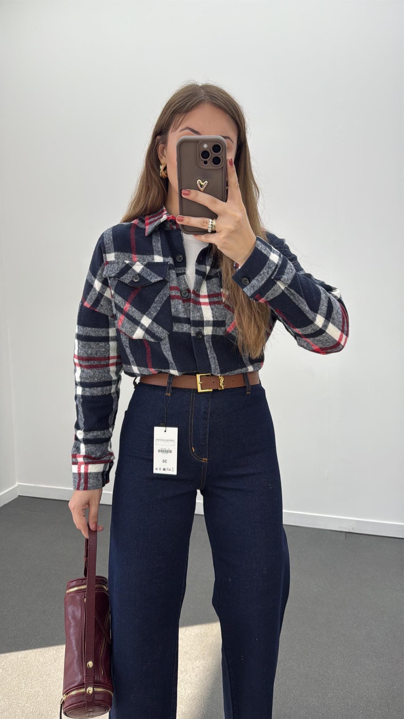 Jisoo Lacivert Bordo Çizgili Oduncu Gömlek