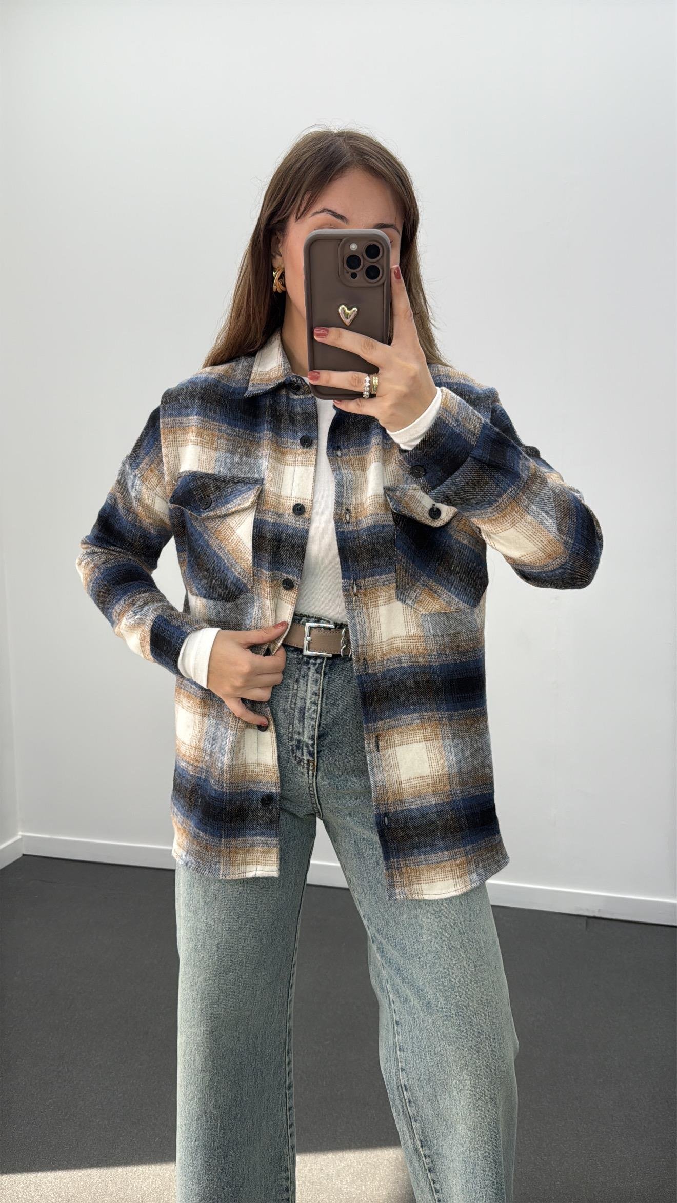 Jisoo Mavi Bej Çizgili Oduncu Gömlek