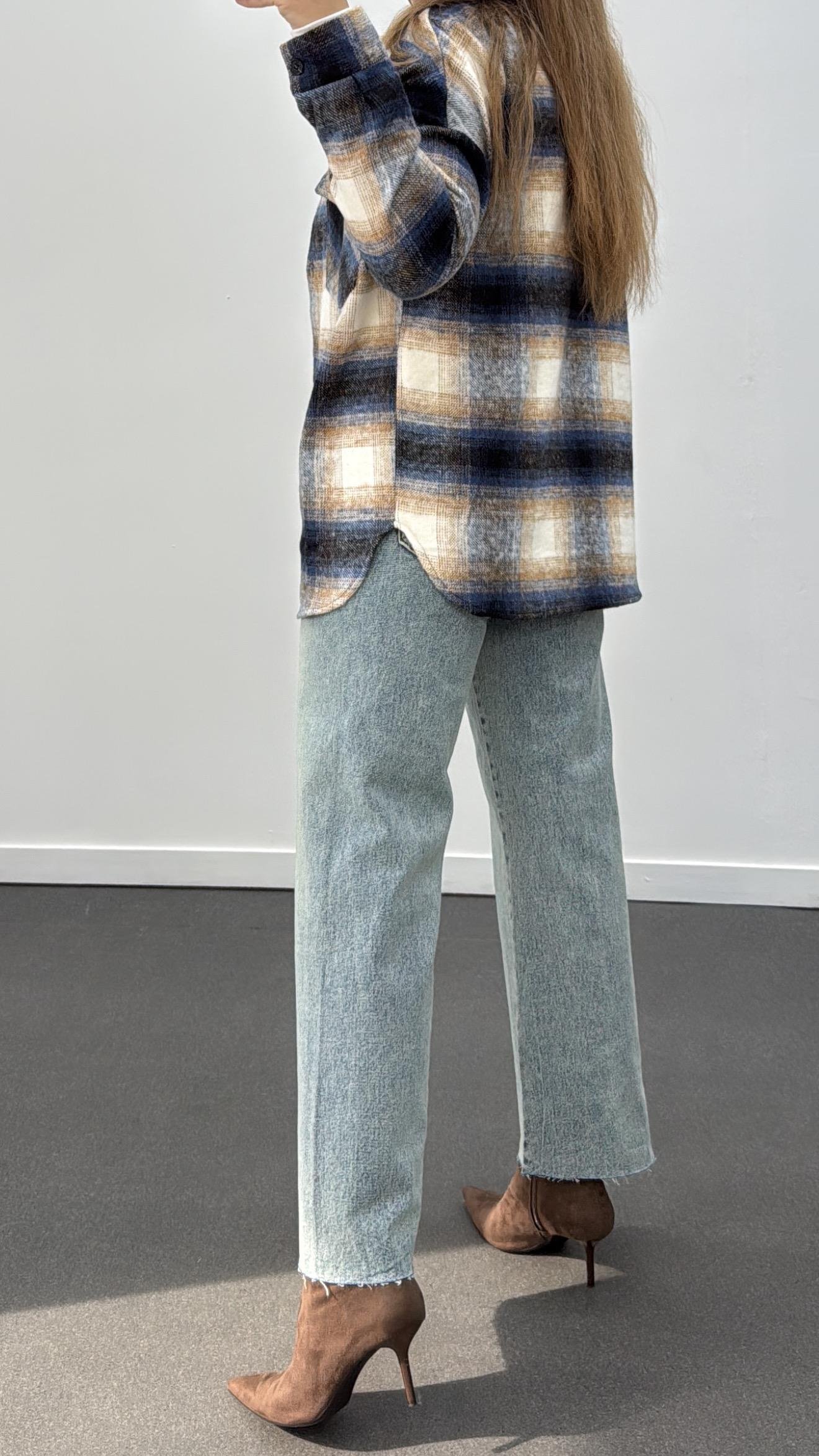 Jisoo Mavi Bej Çizgili Oduncu Gömlek