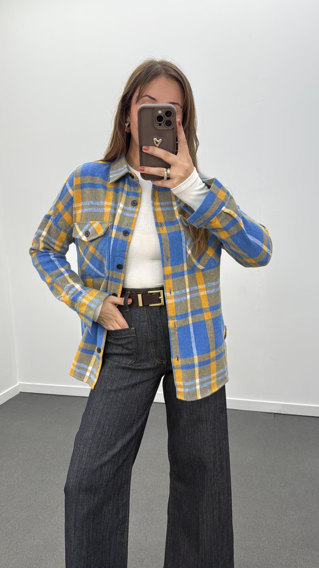 Jisoo Mavi Sarı Çizgili Oduncu Gömlek