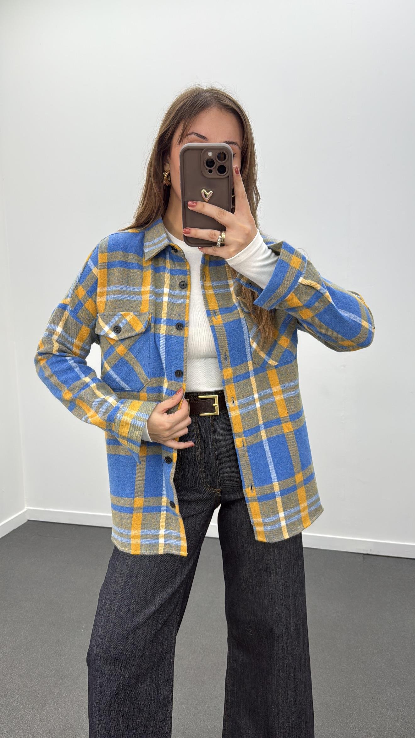 Jisoo Mavi Sarı Çizgili Oduncu Gömlek