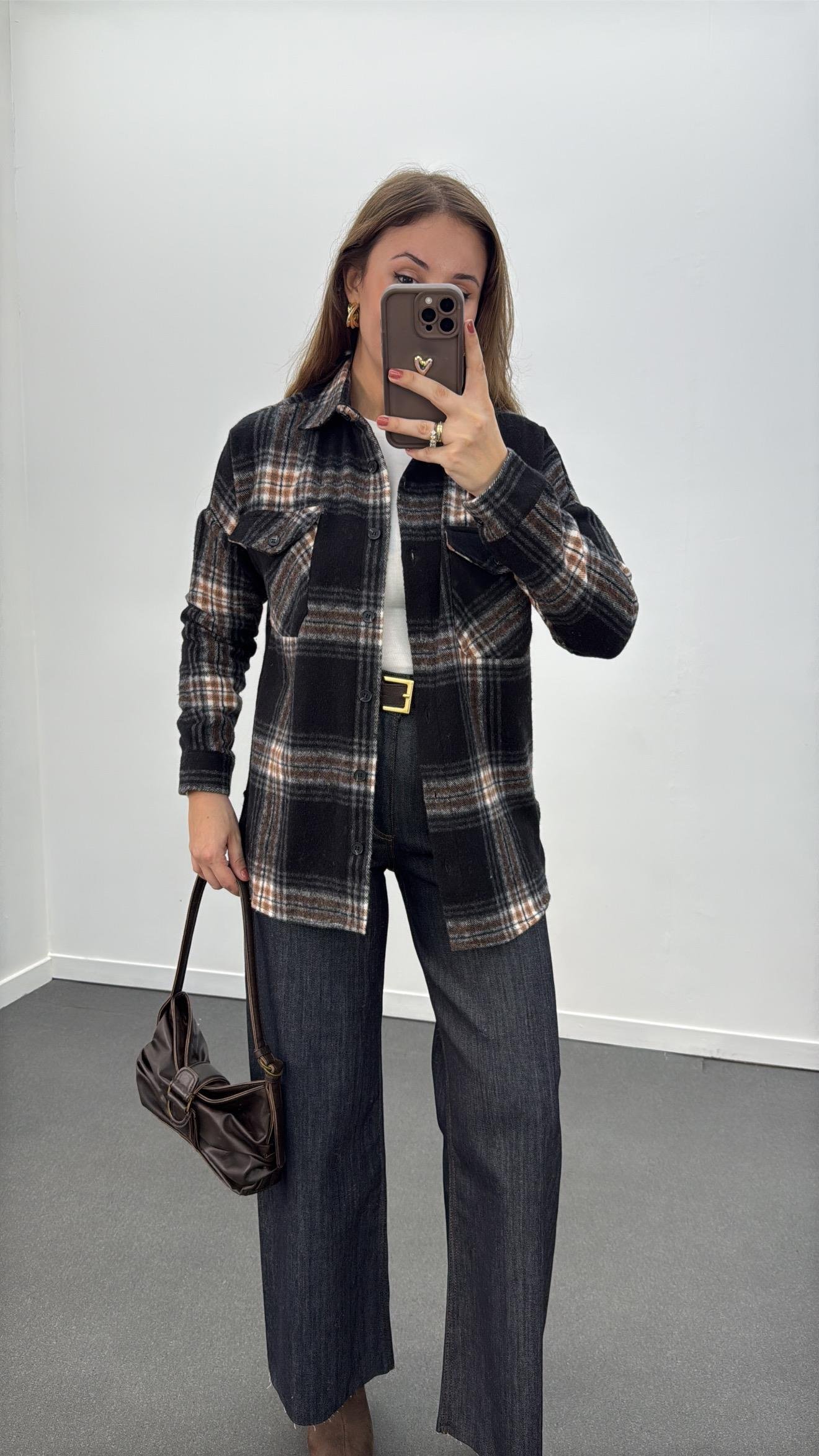 Jisoo Siyah Kahve Çizgili Oduncu Gömlek