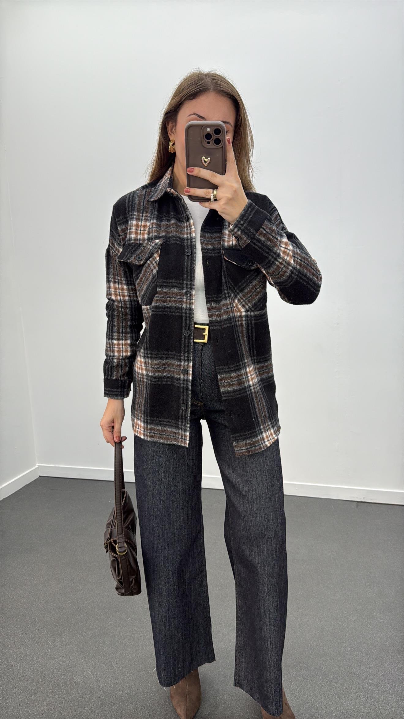 Jisoo Siyah Kahve Çizgili Oduncu Gömlek