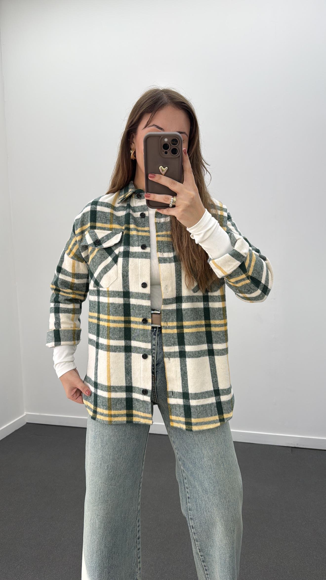 Jisoo Yeşil Sarı Çizgili Oduncu Gömlek s beden