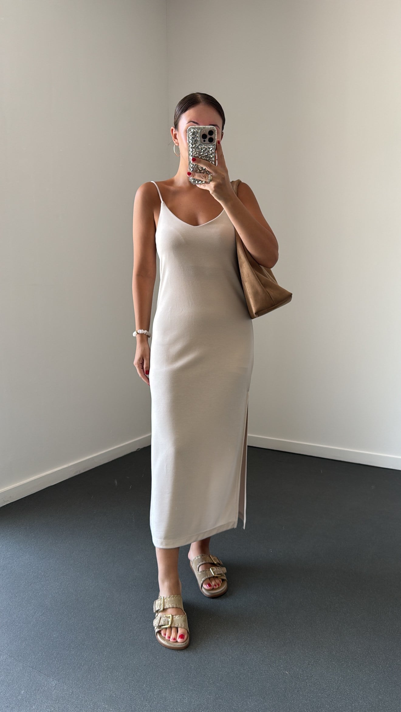 Joana Bej Askılı Modal Kumaş Midi Elbise