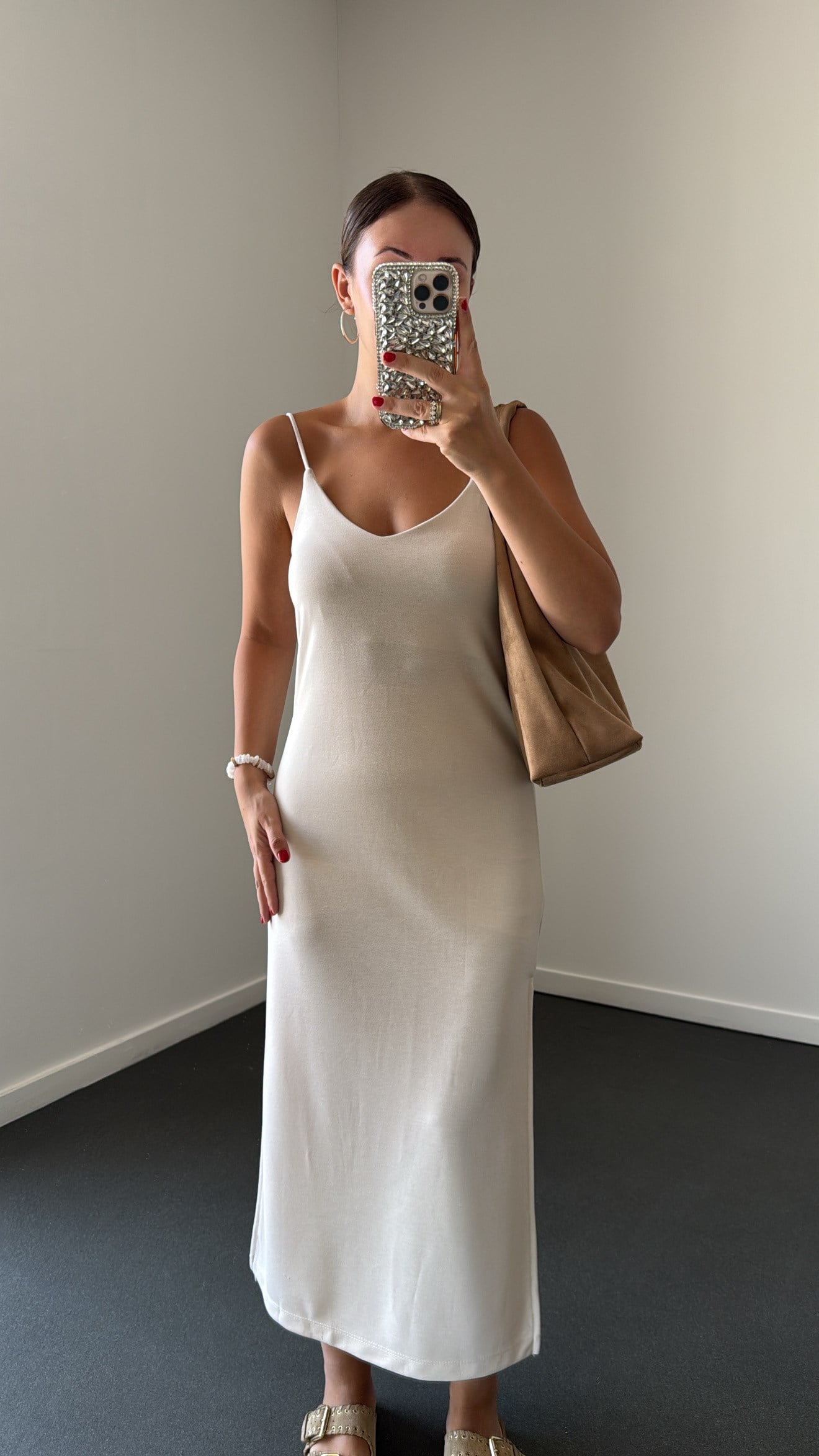 Joana Bej Askılı Modal Kumaş Midi Elbise