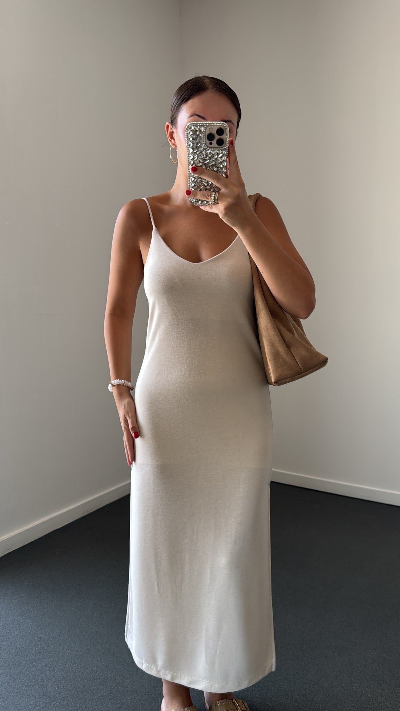 Joana Bej Askılı Modal Kumaş Midi Elbise