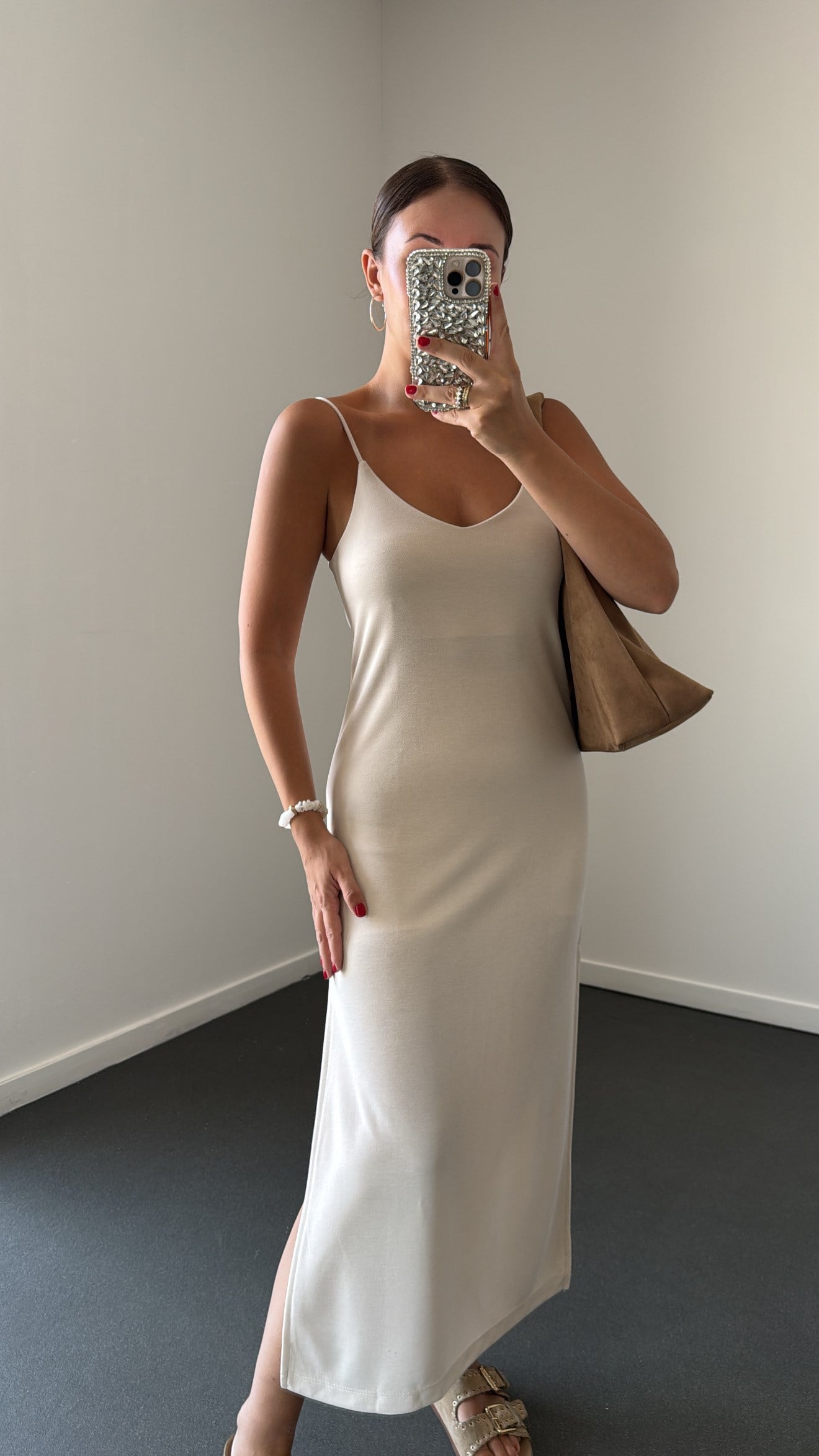Joana Bej Askılı Modal Kumaş Midi Elbise