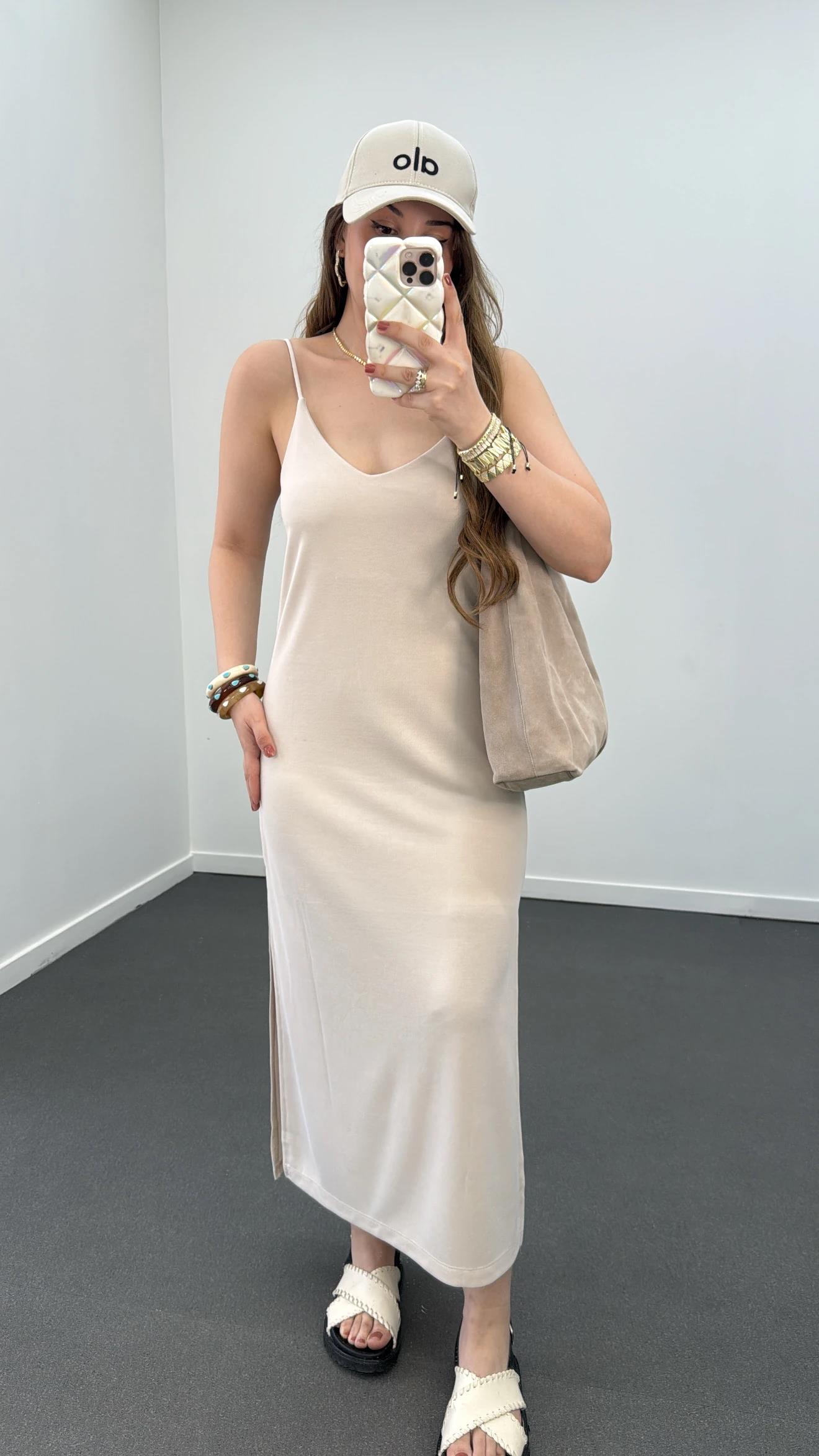 Joana Bej Askılı Modal Kumaş Midi Elbise