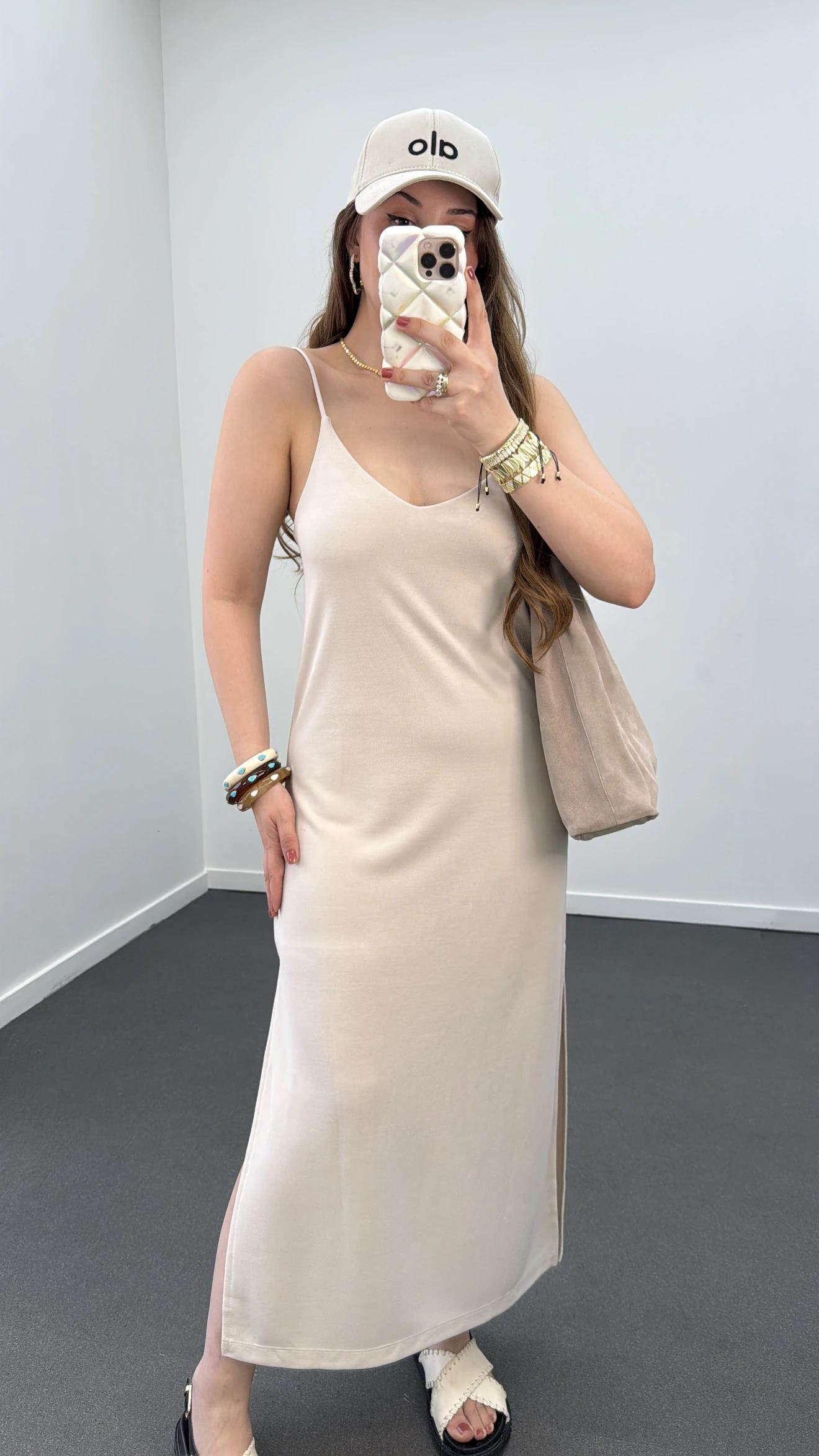 Joana Bej Askılı Modal Kumaş Midi Elbise