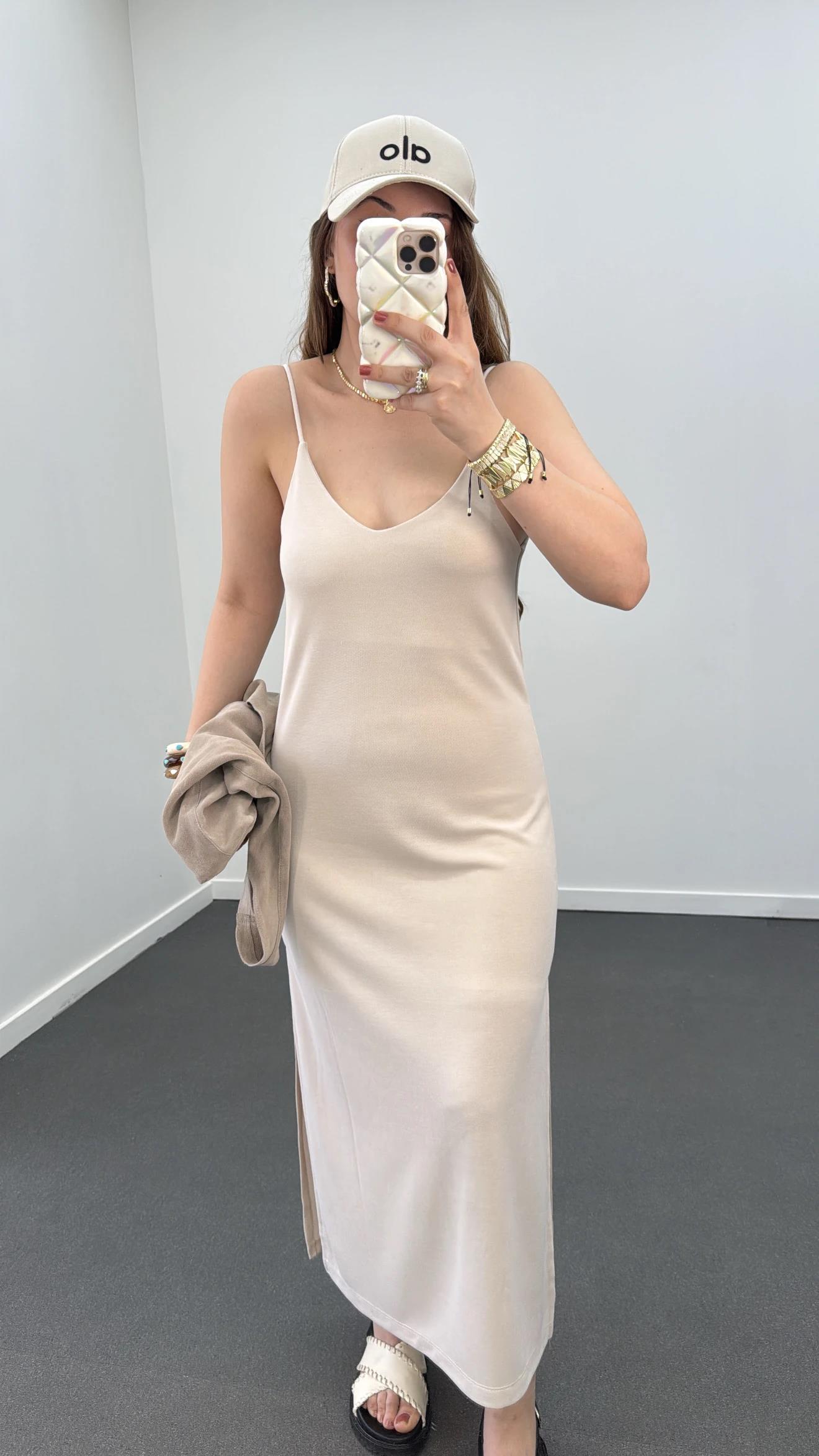 Joana Bej Askılı Modal Kumaş Midi Elbise